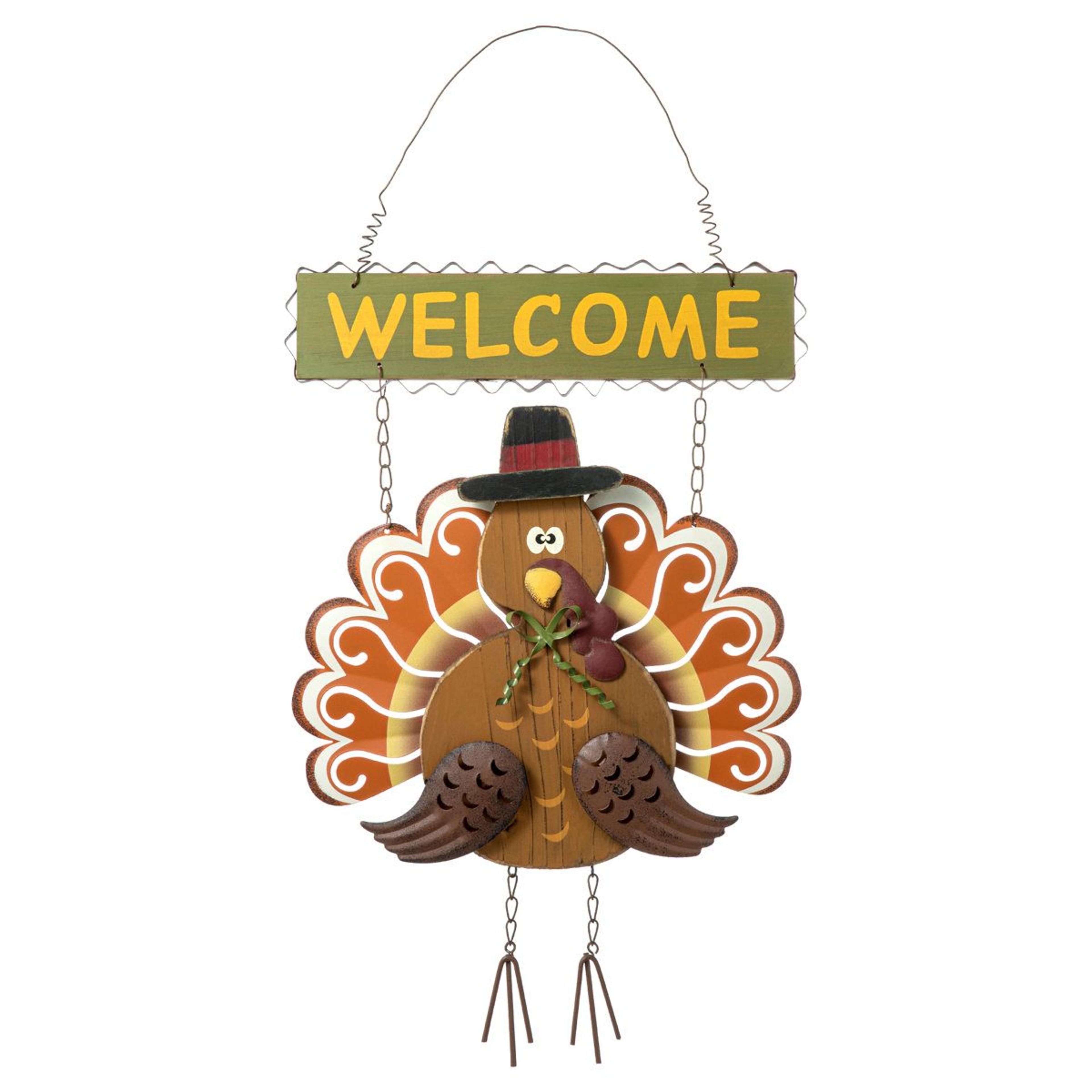 thanksgiving turkey welcome wall decor – hand-painted iron and wood hanging sign