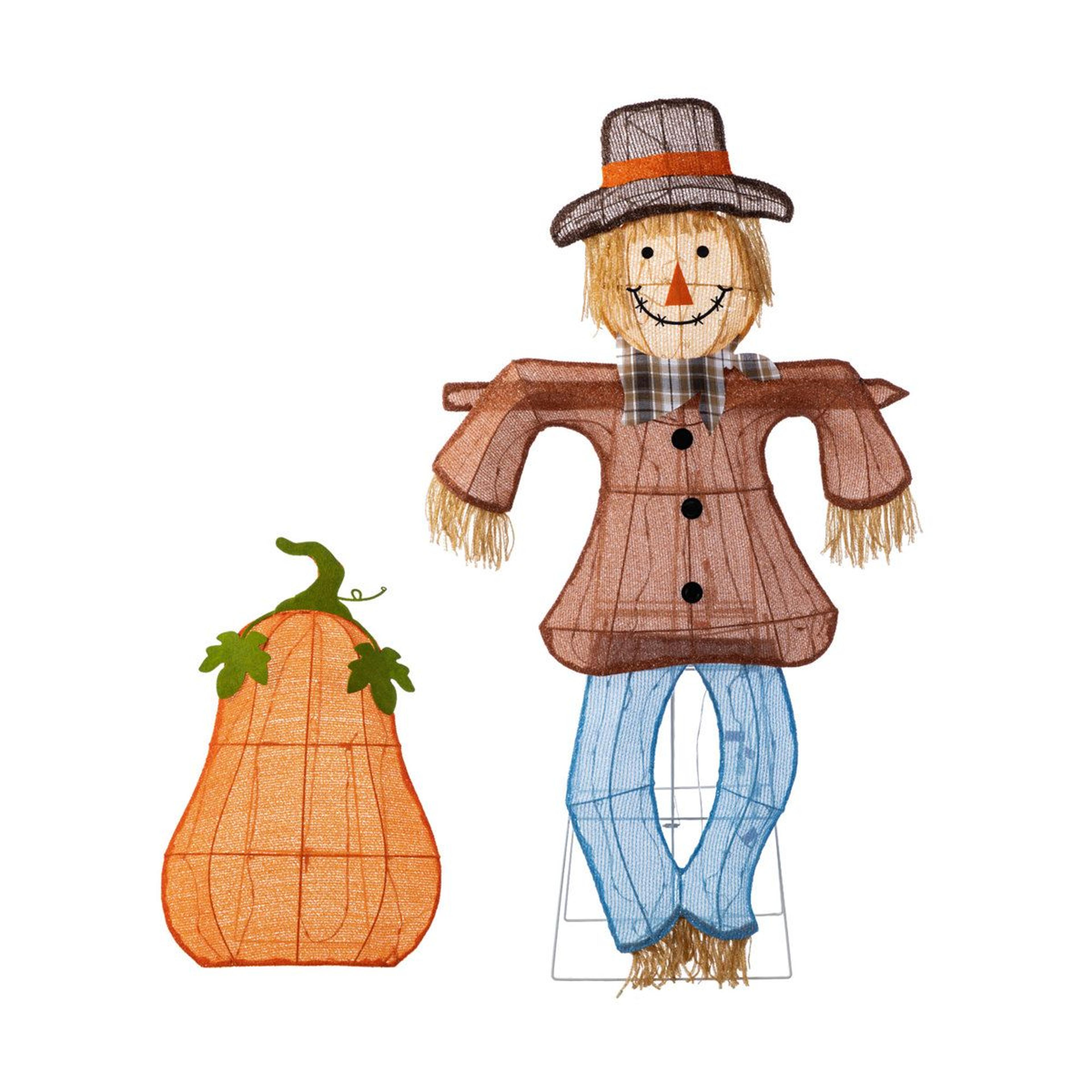 set of 2 lighted fall scarecrow and pumpkin outdoor decorations with 110 led lights