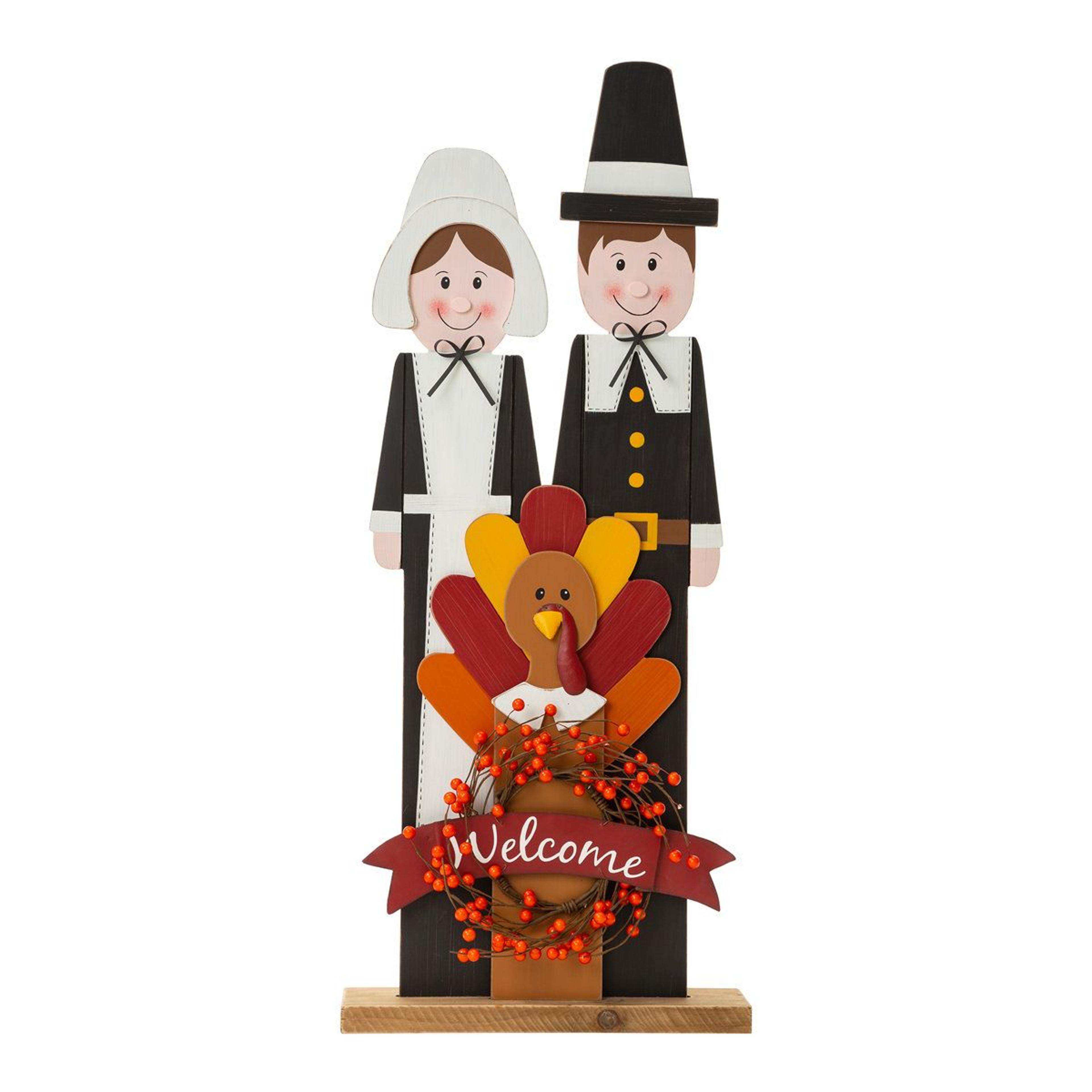 36-inch wooden thanksgiving pilgrim couple porch decoration with welcome sign