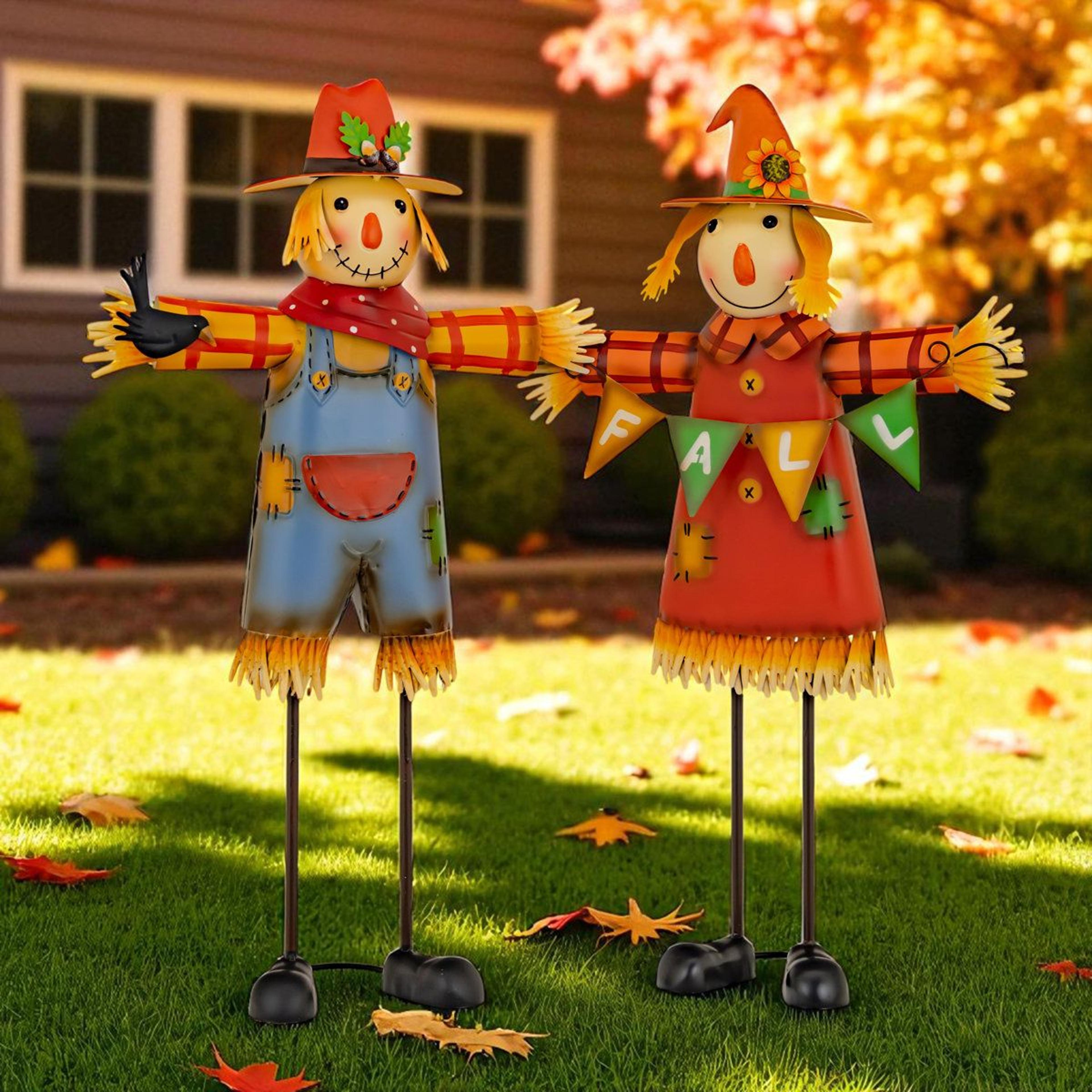 set of 2 iron scarecrow figurines – mr. & mrs. fall decorations