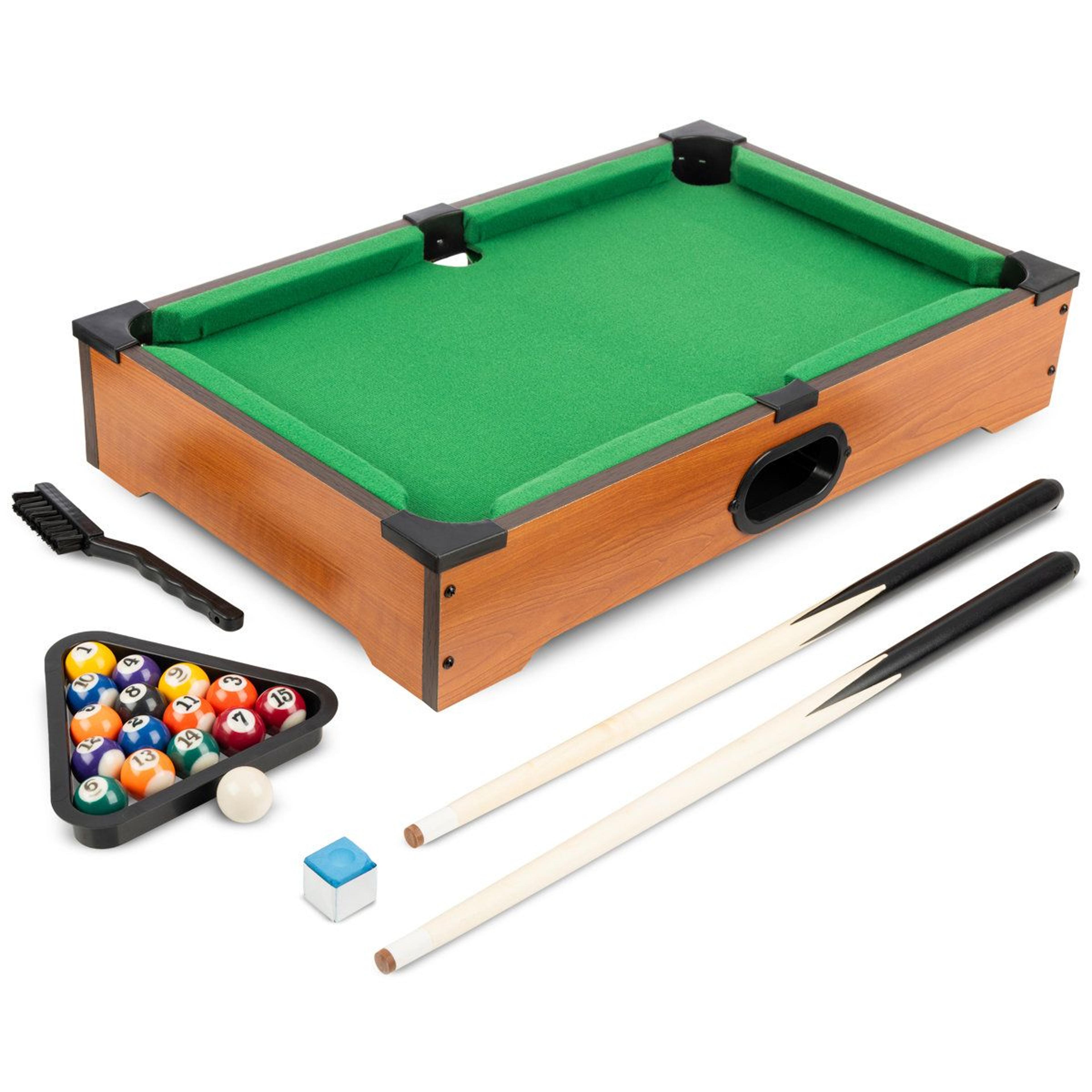 20-inch portable tabletop pool table with cue sticks and billiard accessories