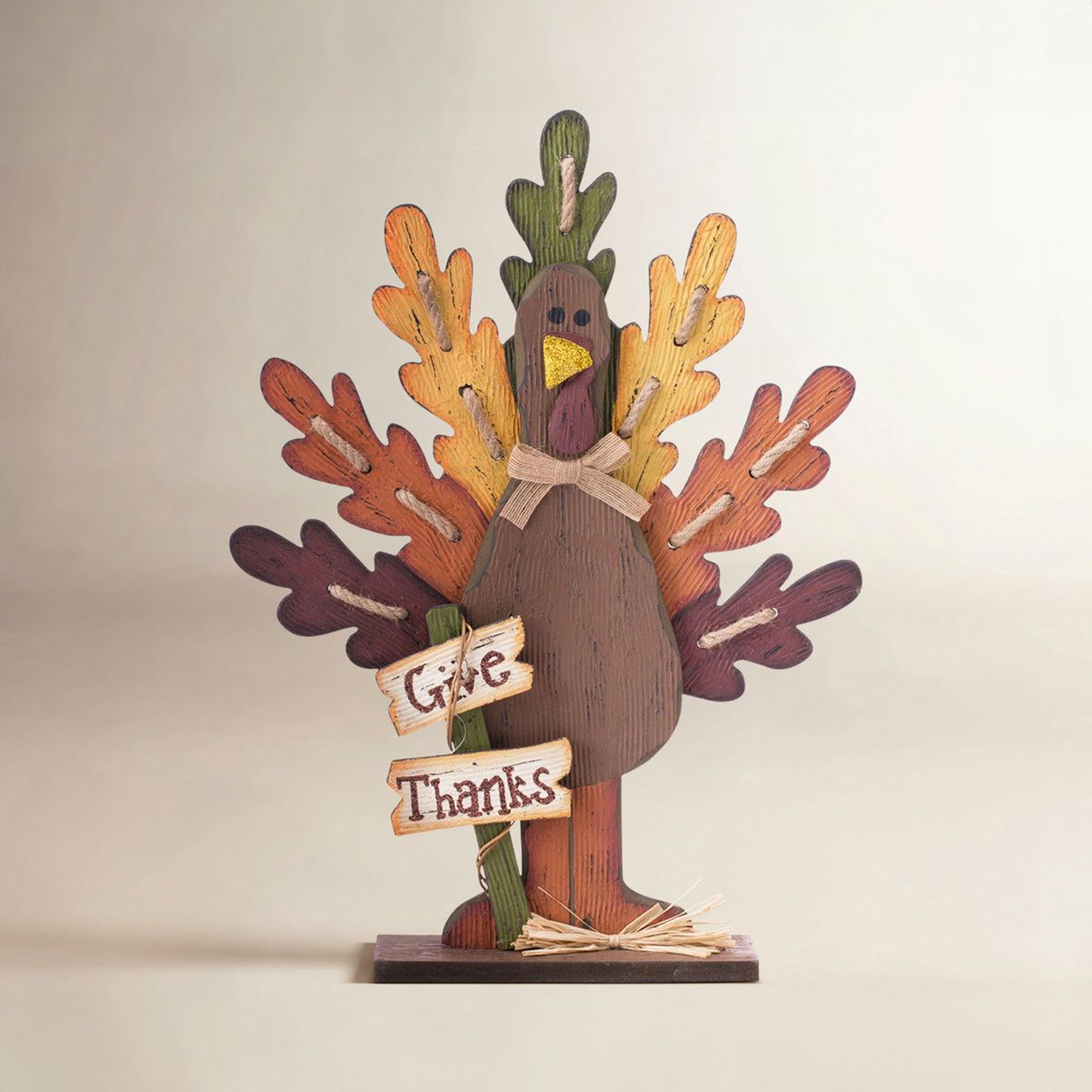 thanksgiving turkey table decor with hand-painted wood and give thanks sign