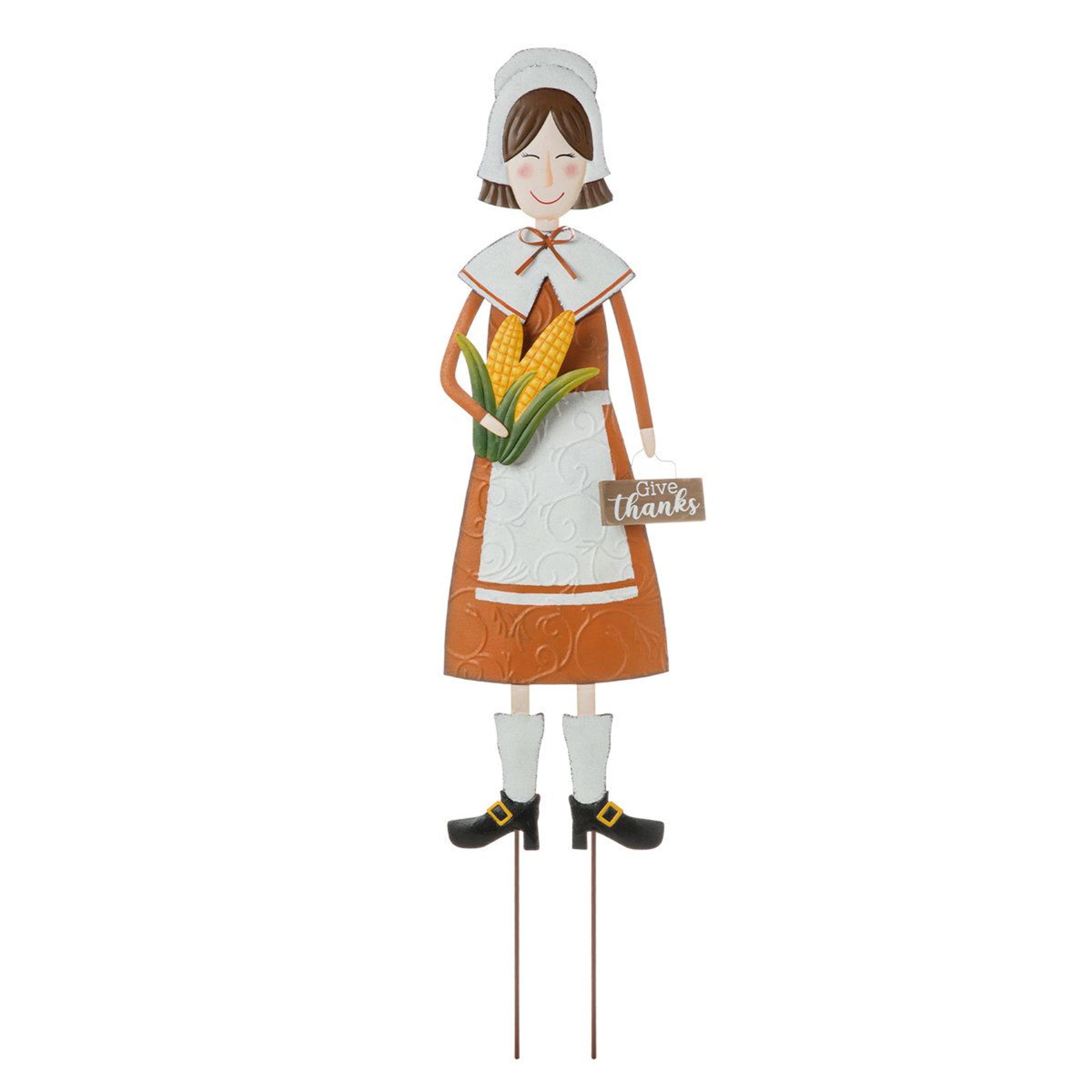 36-inch metal thanksgiving pilgrim girl yard stake with 3-way display