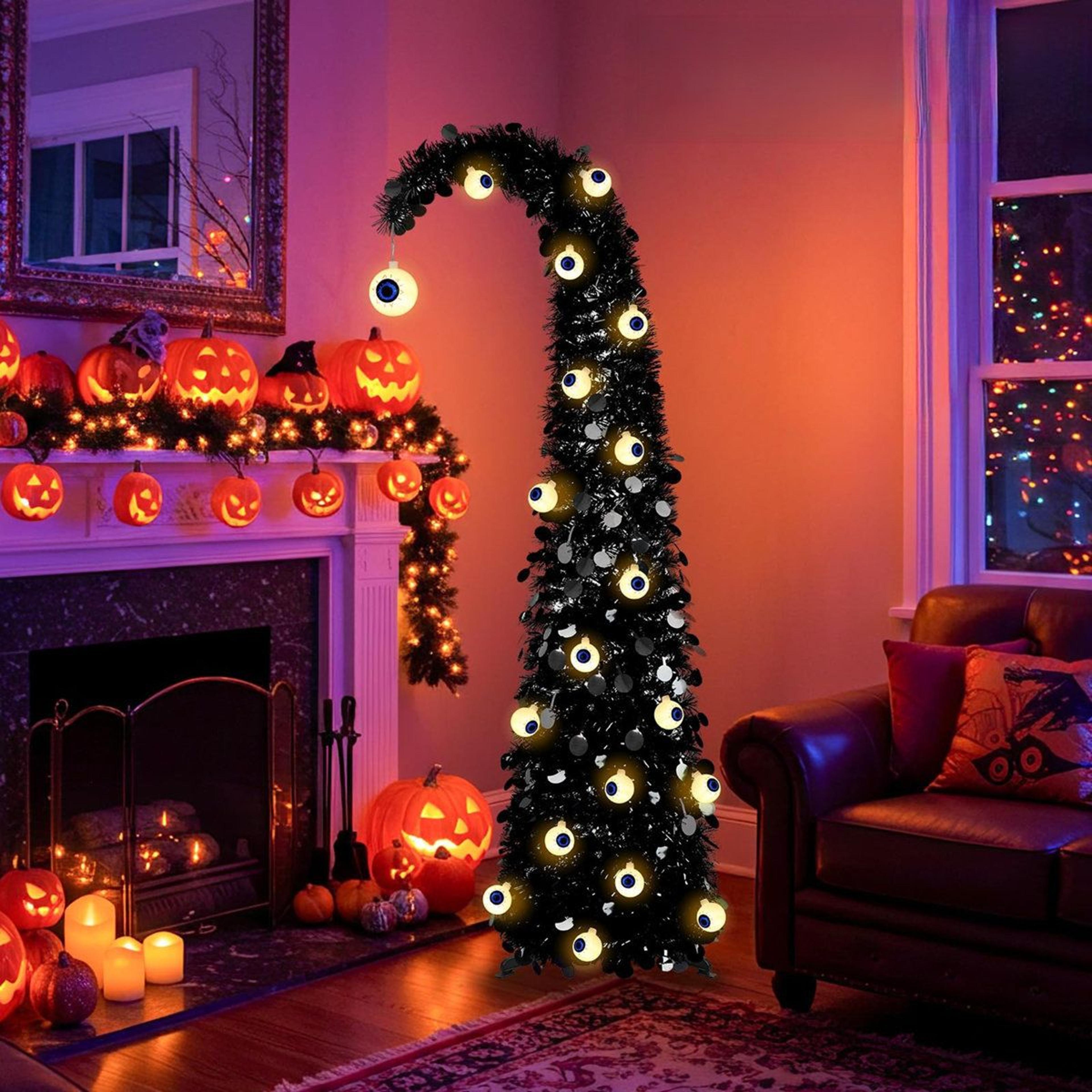 5 ft black halloween christmas tree with eyeball led lights and pop-up design