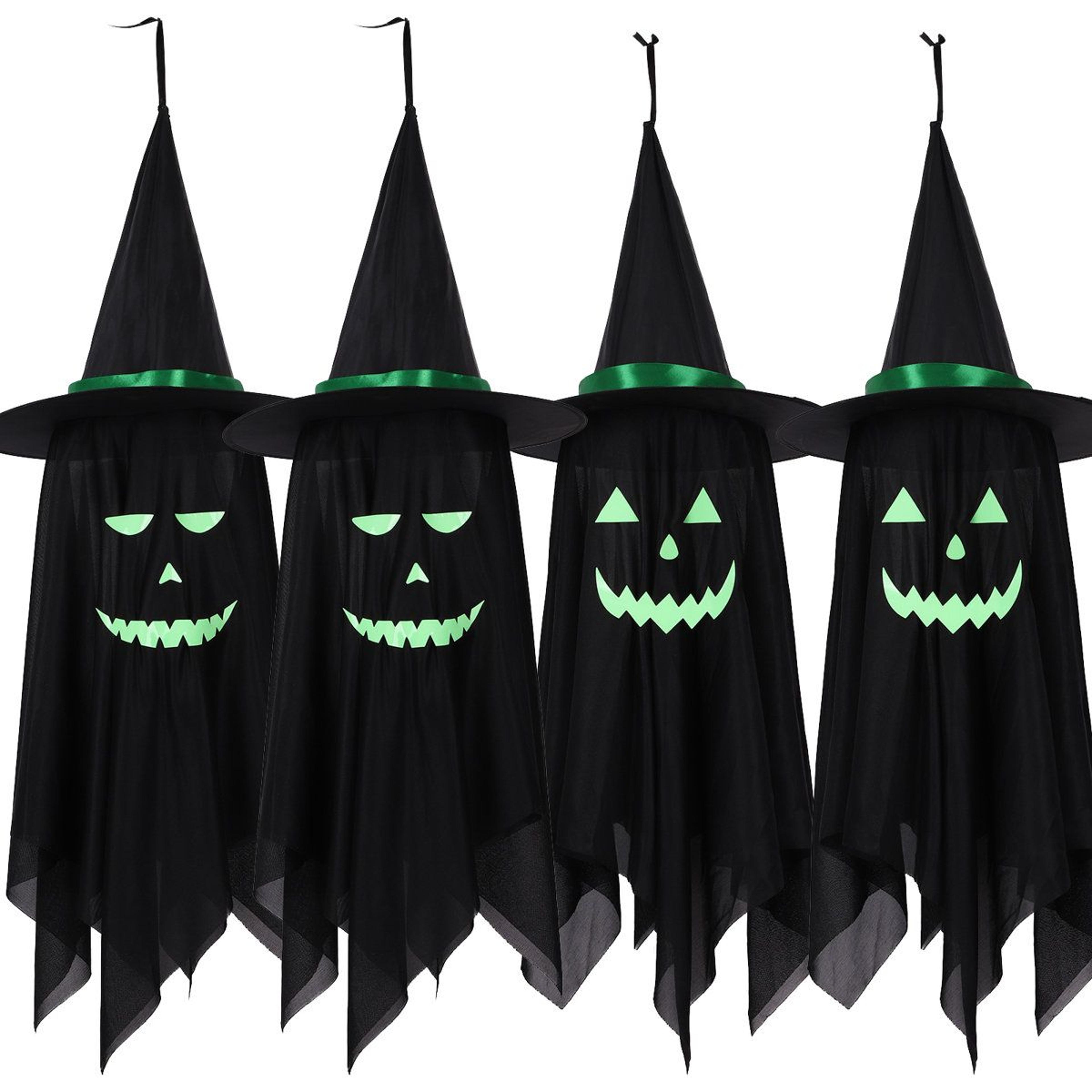 halloween hanging black ghost decoration with witch hat and glow-in-the-dark design