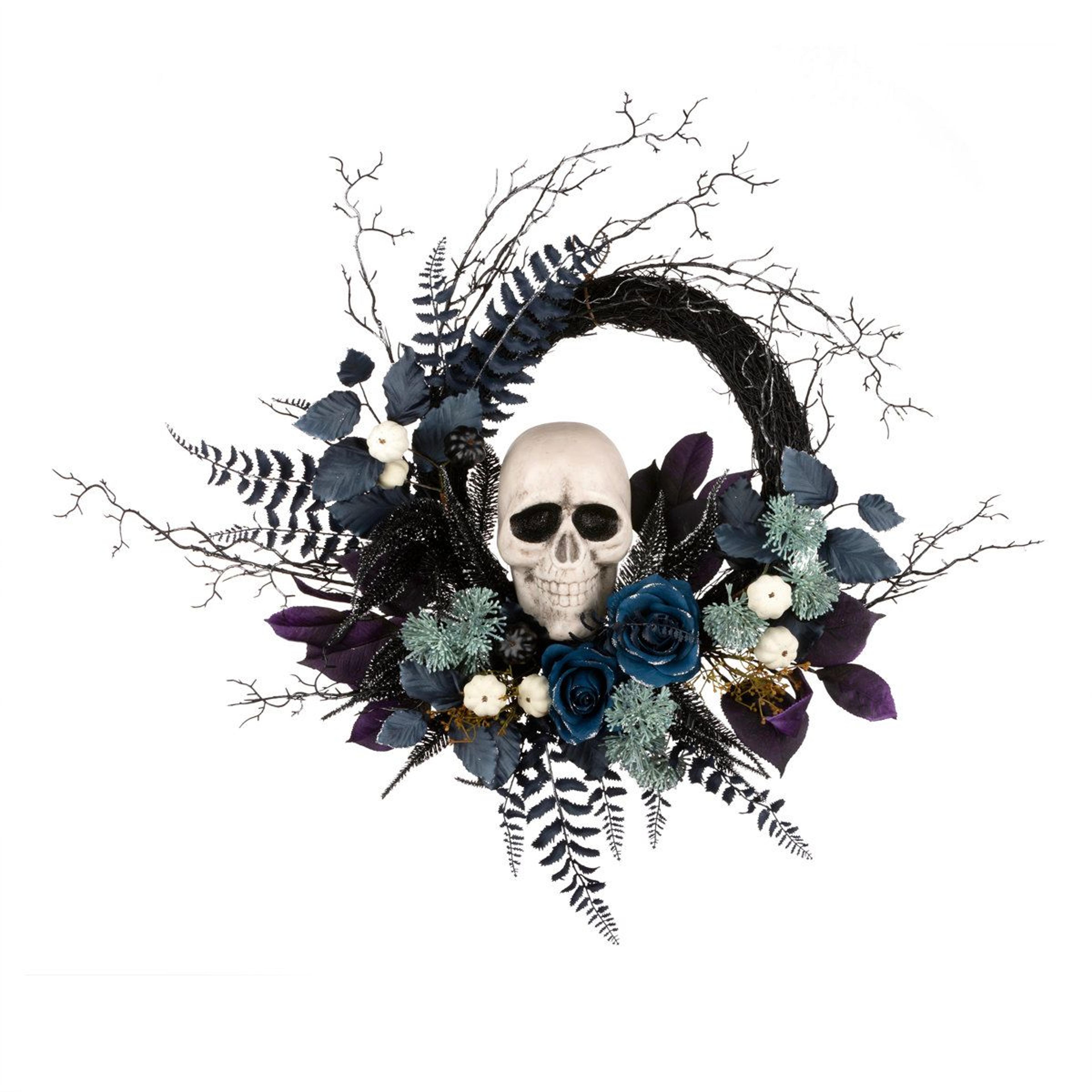 24-inch halloween skull wreath with multicolor leaves and black twigs