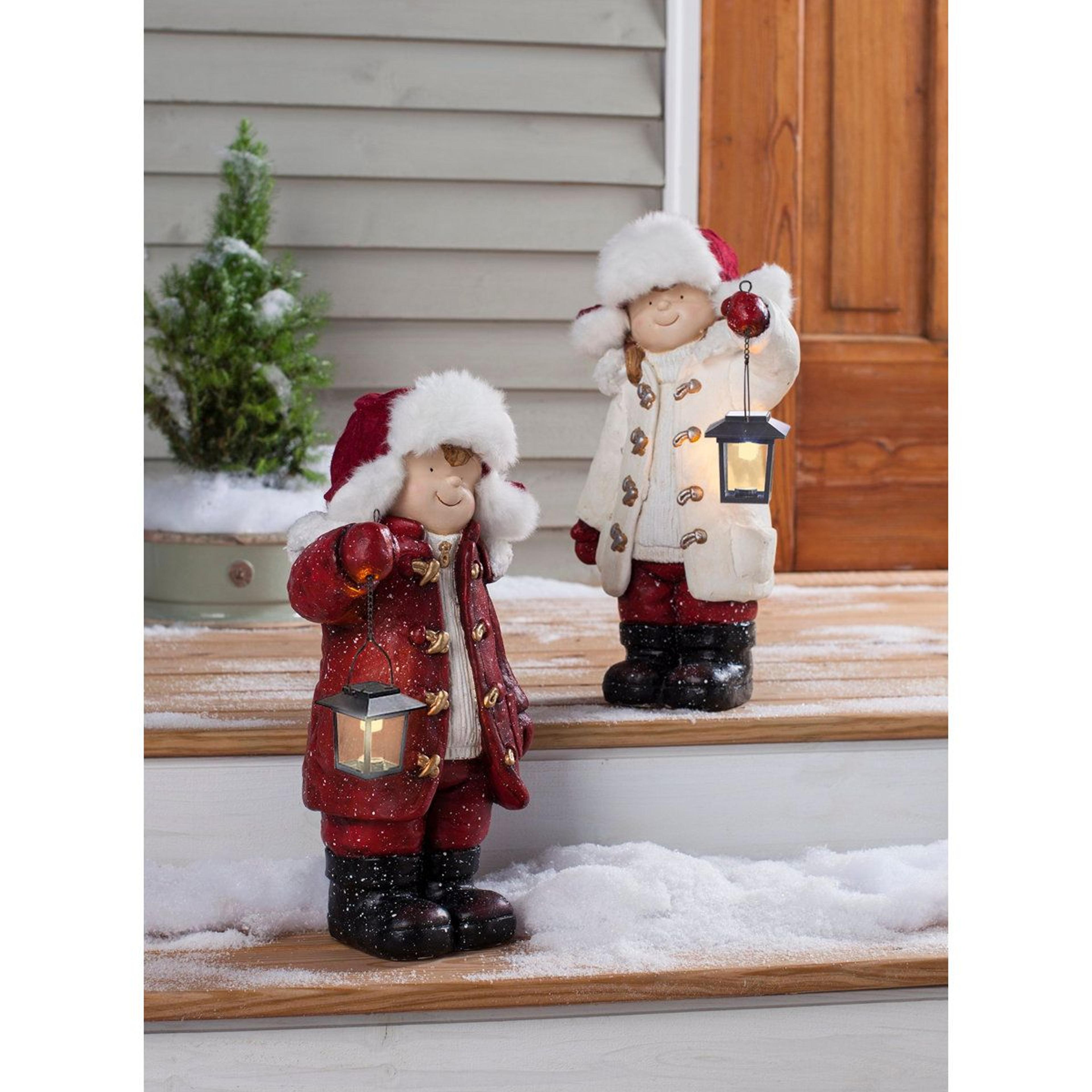solar christmas boy and girl lantern statues – 2-piece indoor outdoor holiday decor set