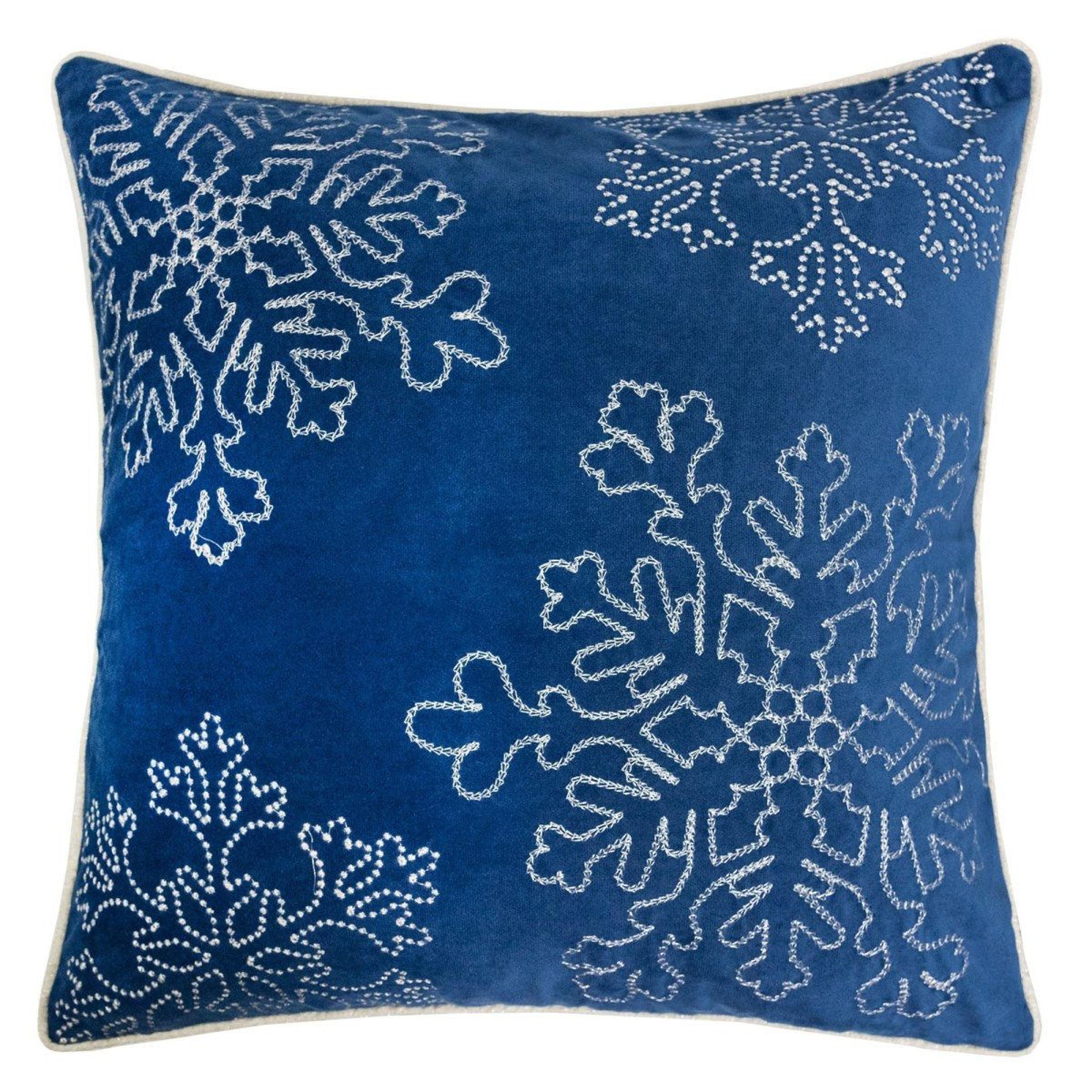 blue velvet holiday throw pillow 20 x 20 inch with silver snowflake embroidery