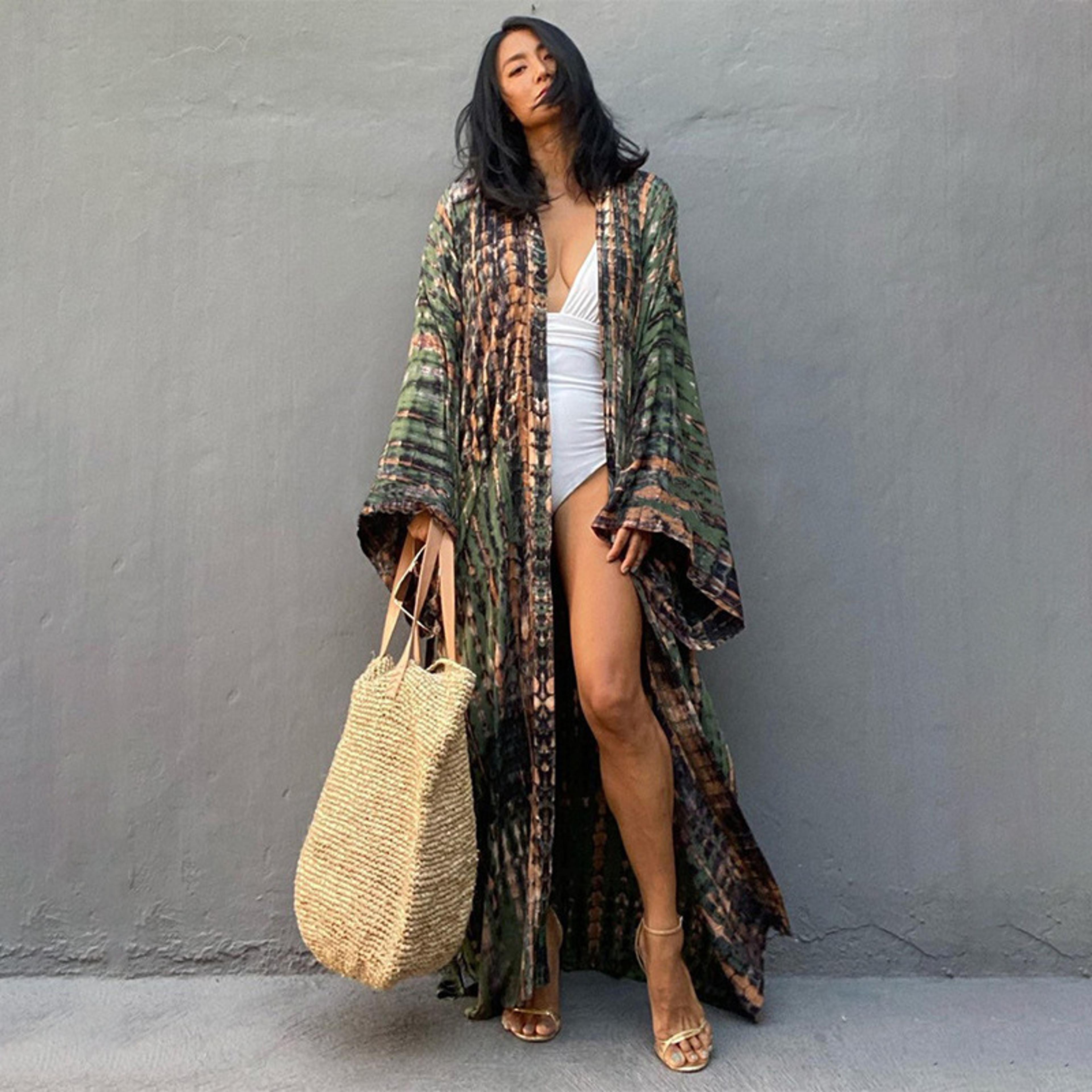 tie dye beach kimono cover up with self belt