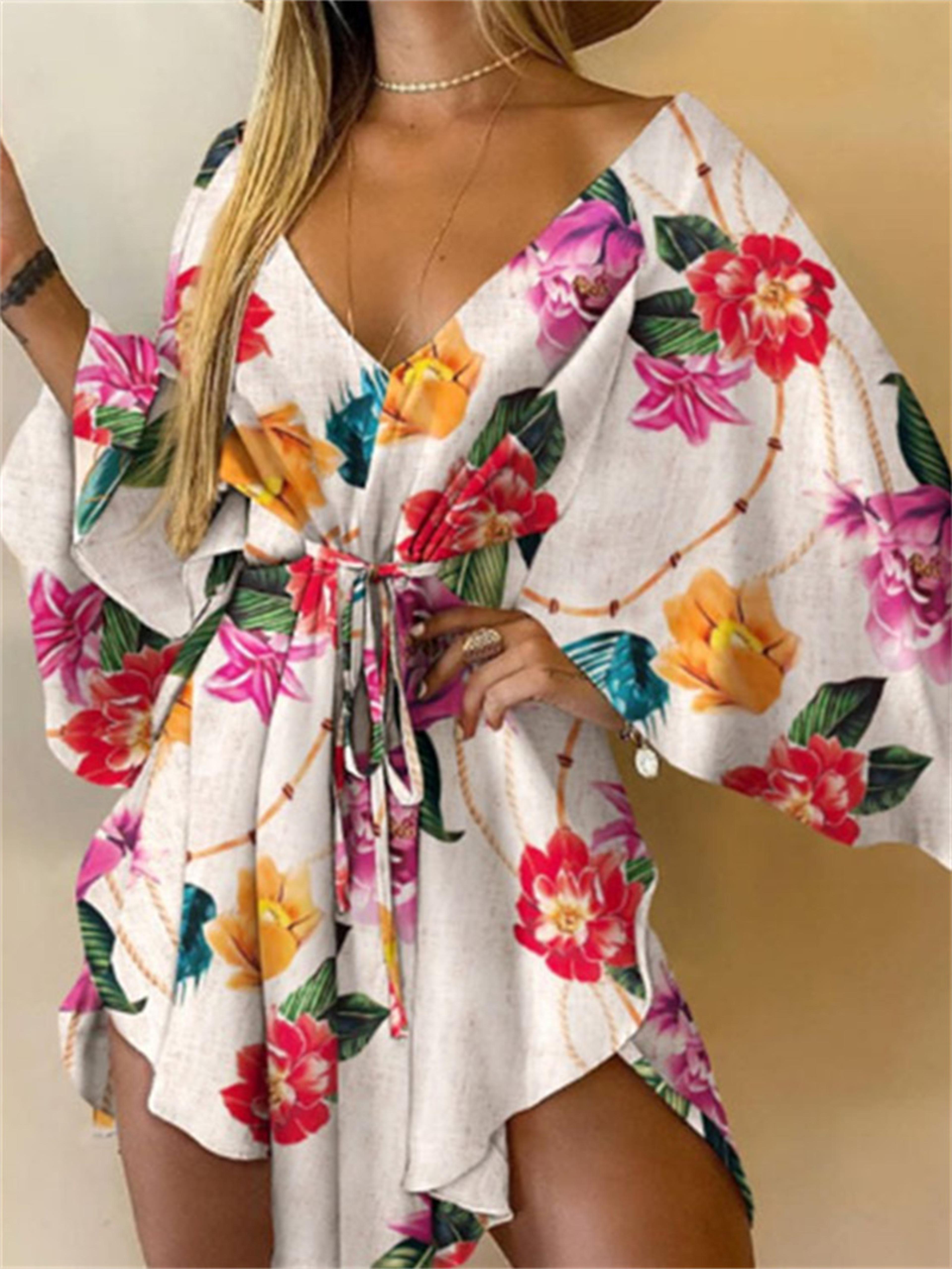 bohemian floral v-neck mini dress for summer vacation