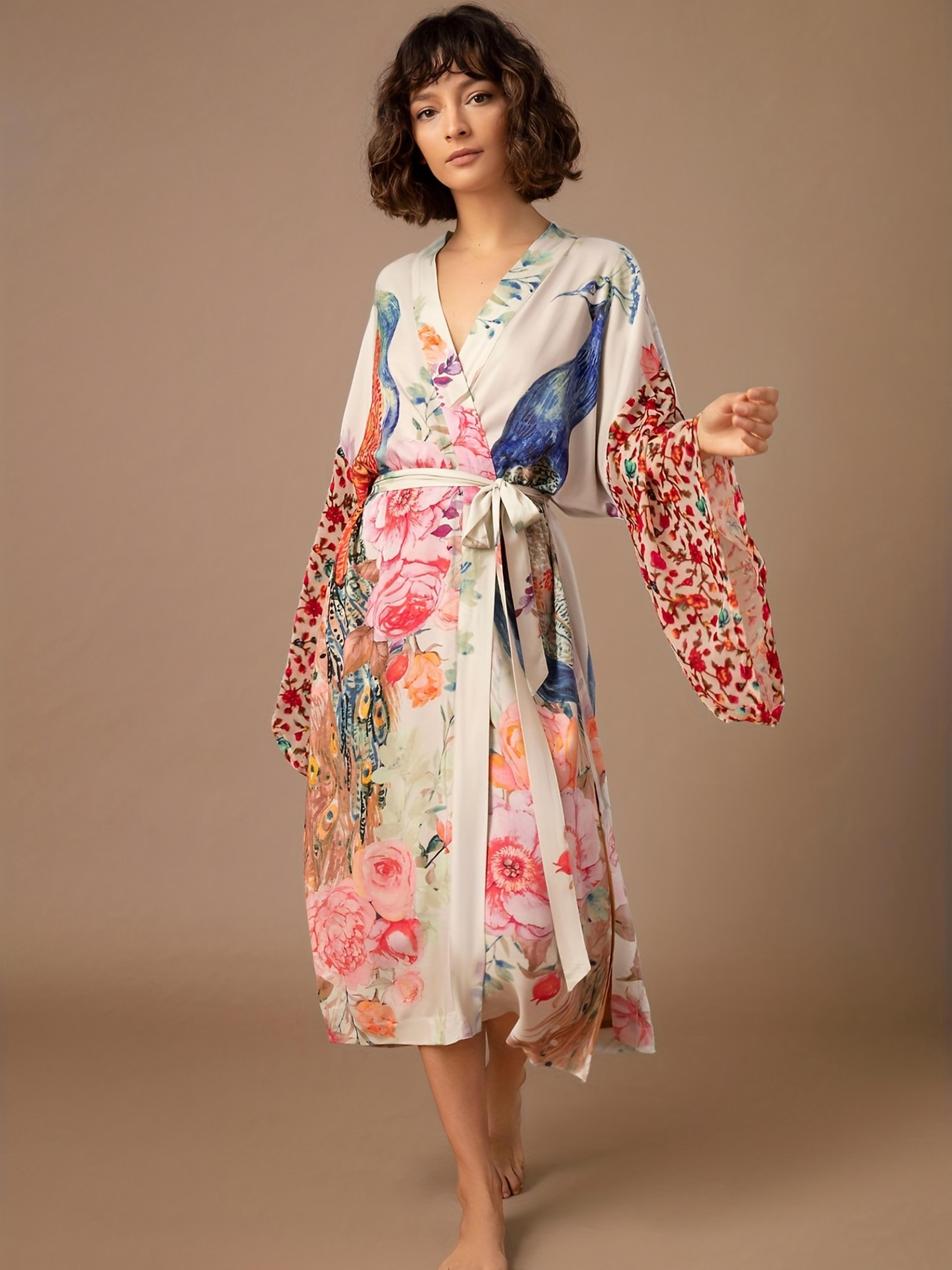 peacock print beach kimono & swimsuit cover up wrap dress