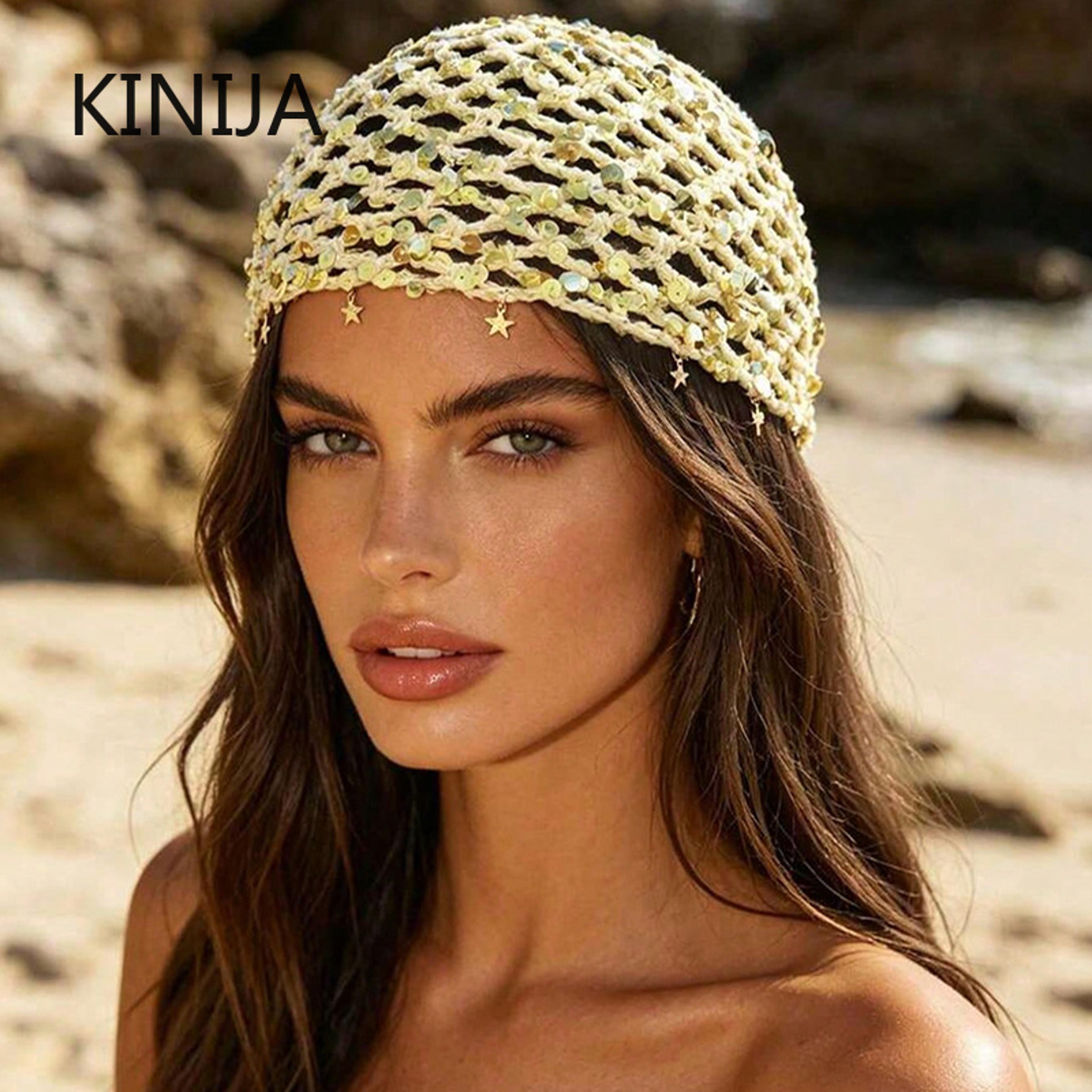 bohemian sequin knit headscarf beanie hat