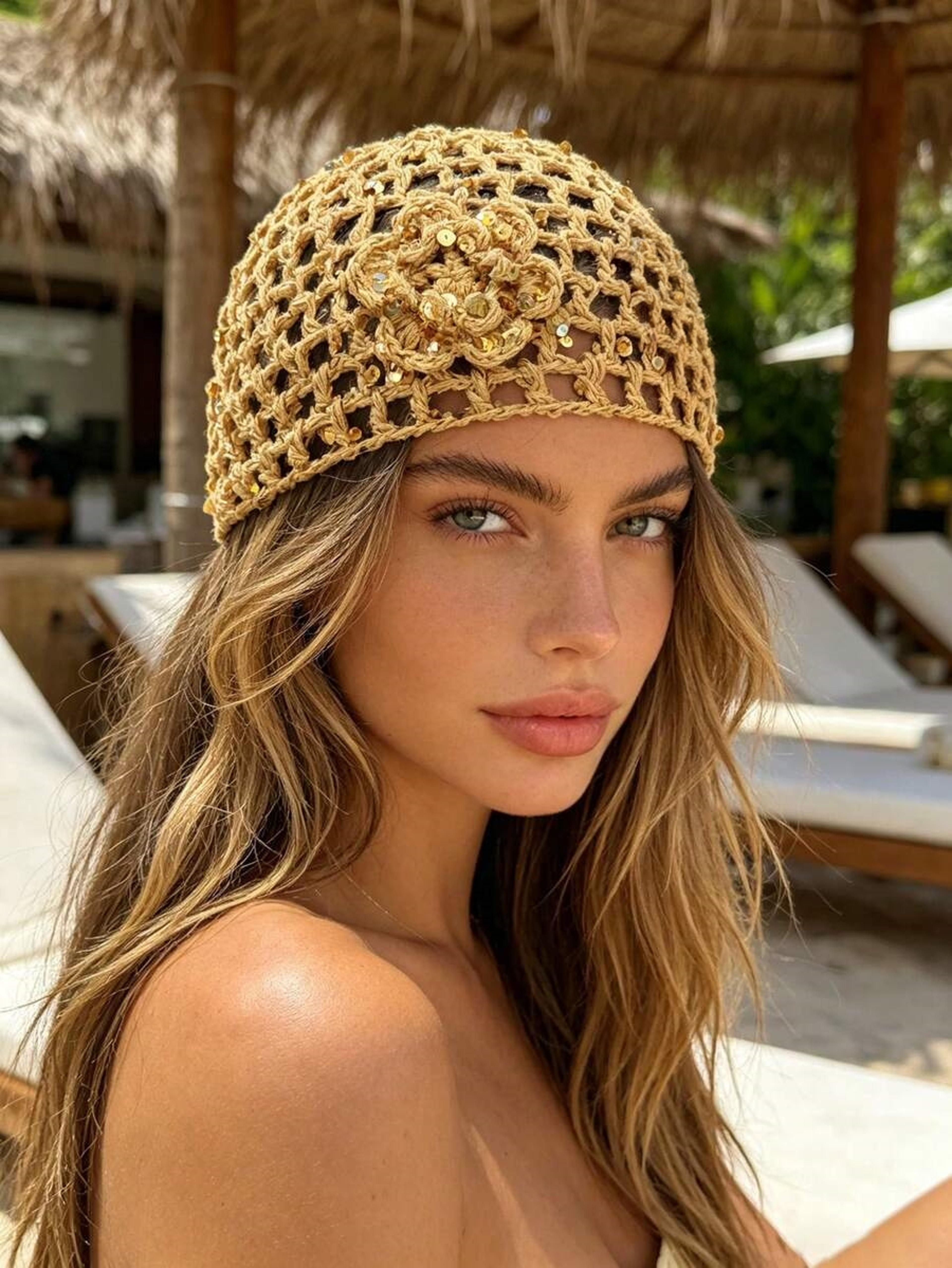 bohemian sequin knit bucket hat for vacation and beach style