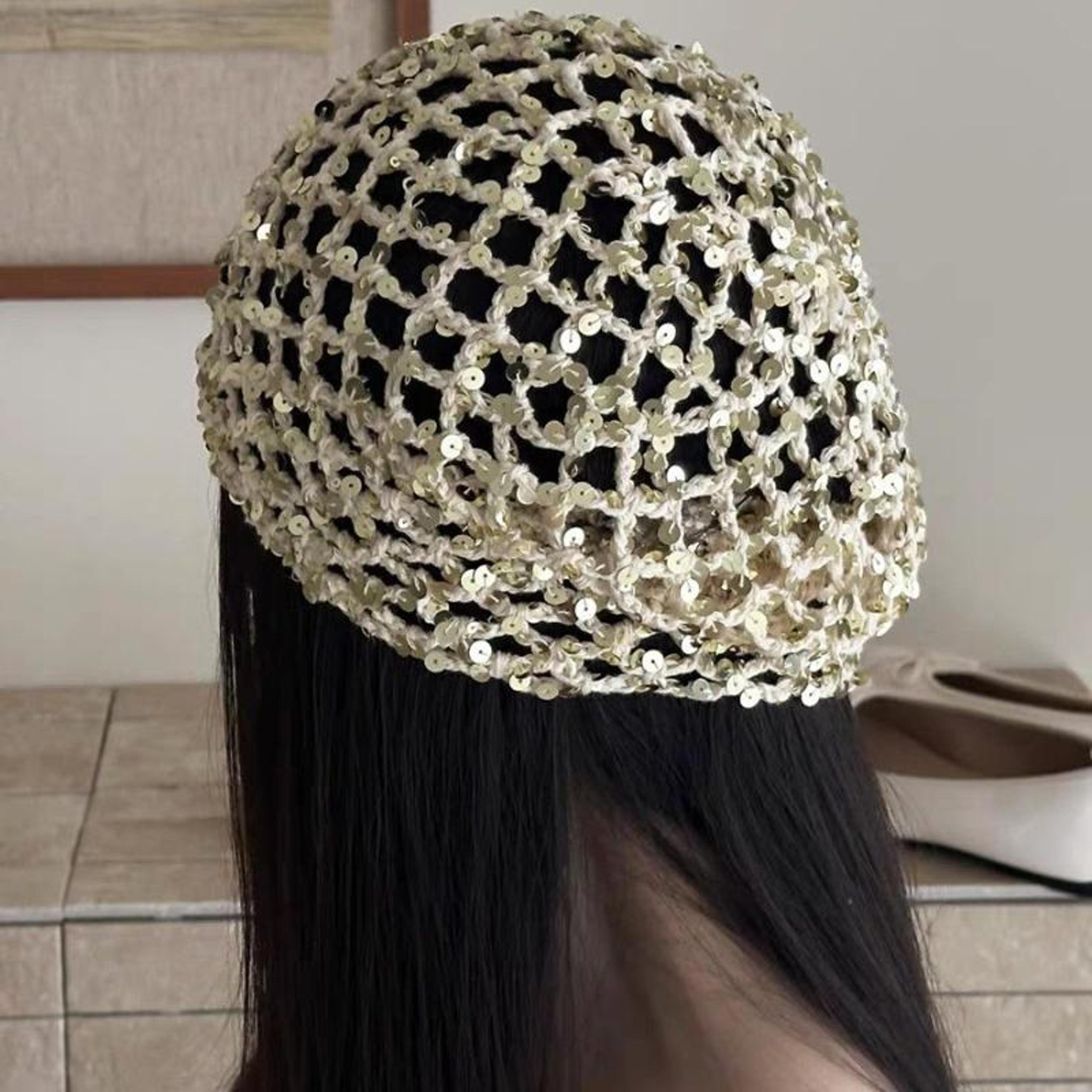 sequined hollow knit beanie hat