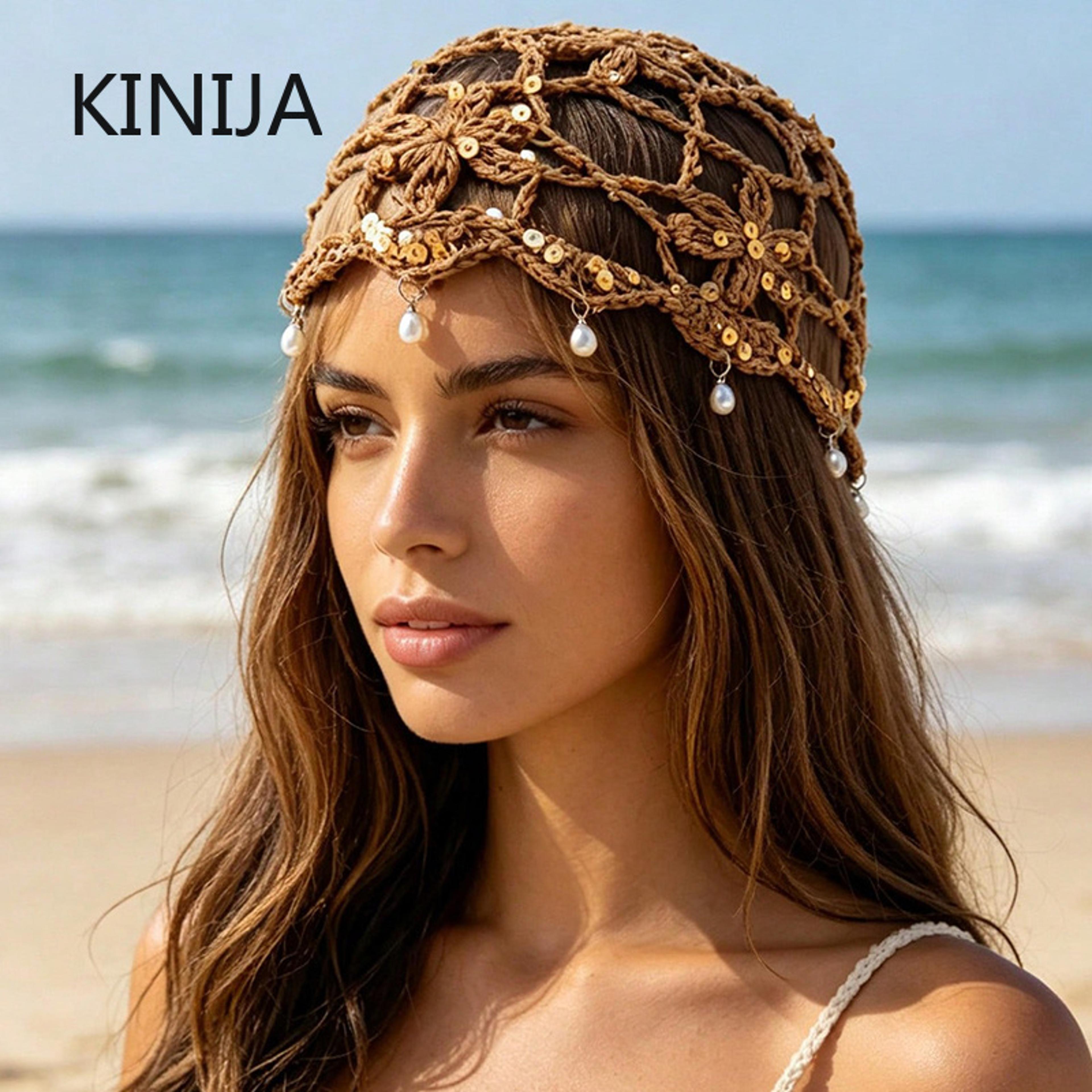 bohemian sequined hollow flower knitted beanie