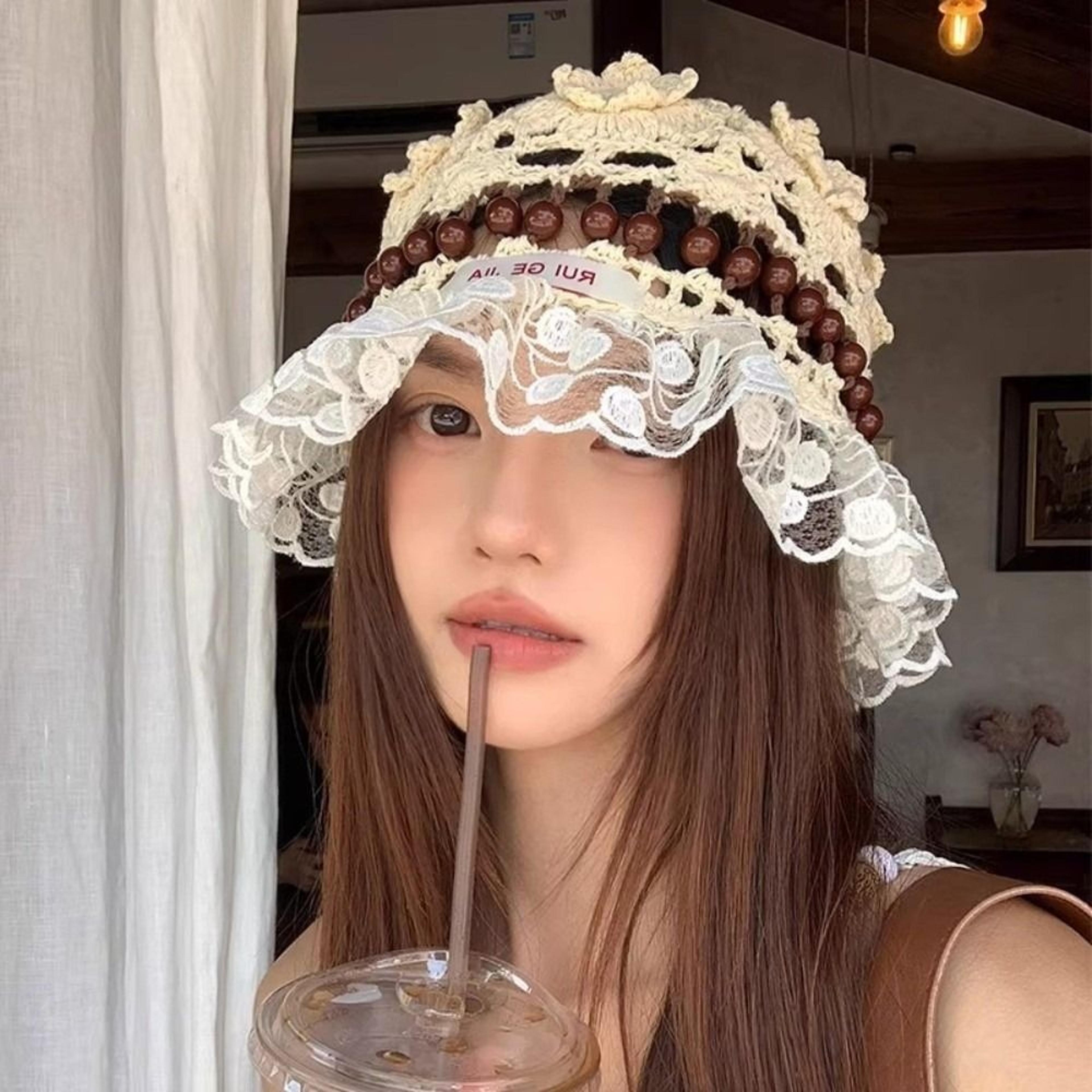 korean handmade crochet bucket hat with floral beads