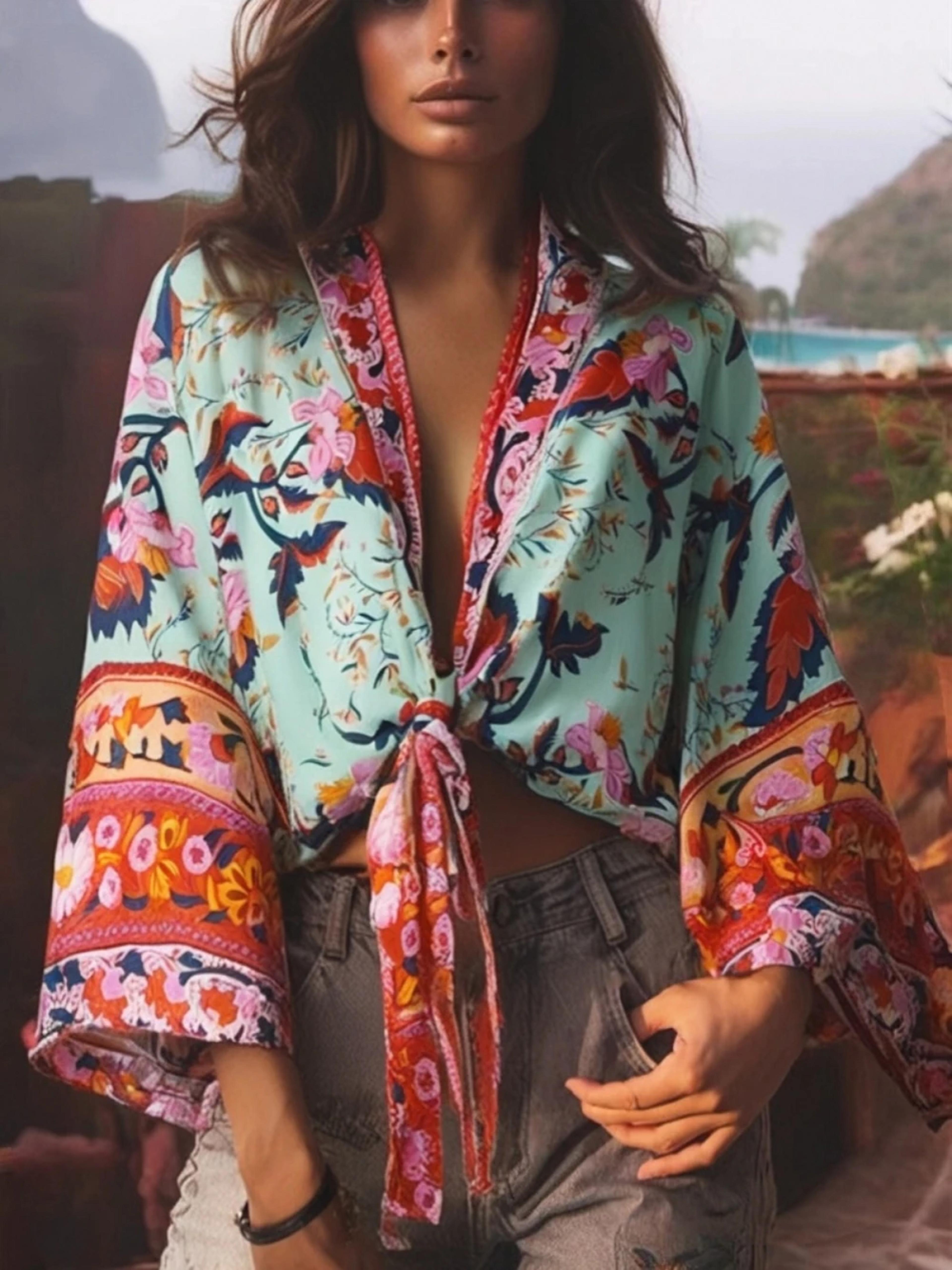 boho floral print kimono beach cover up