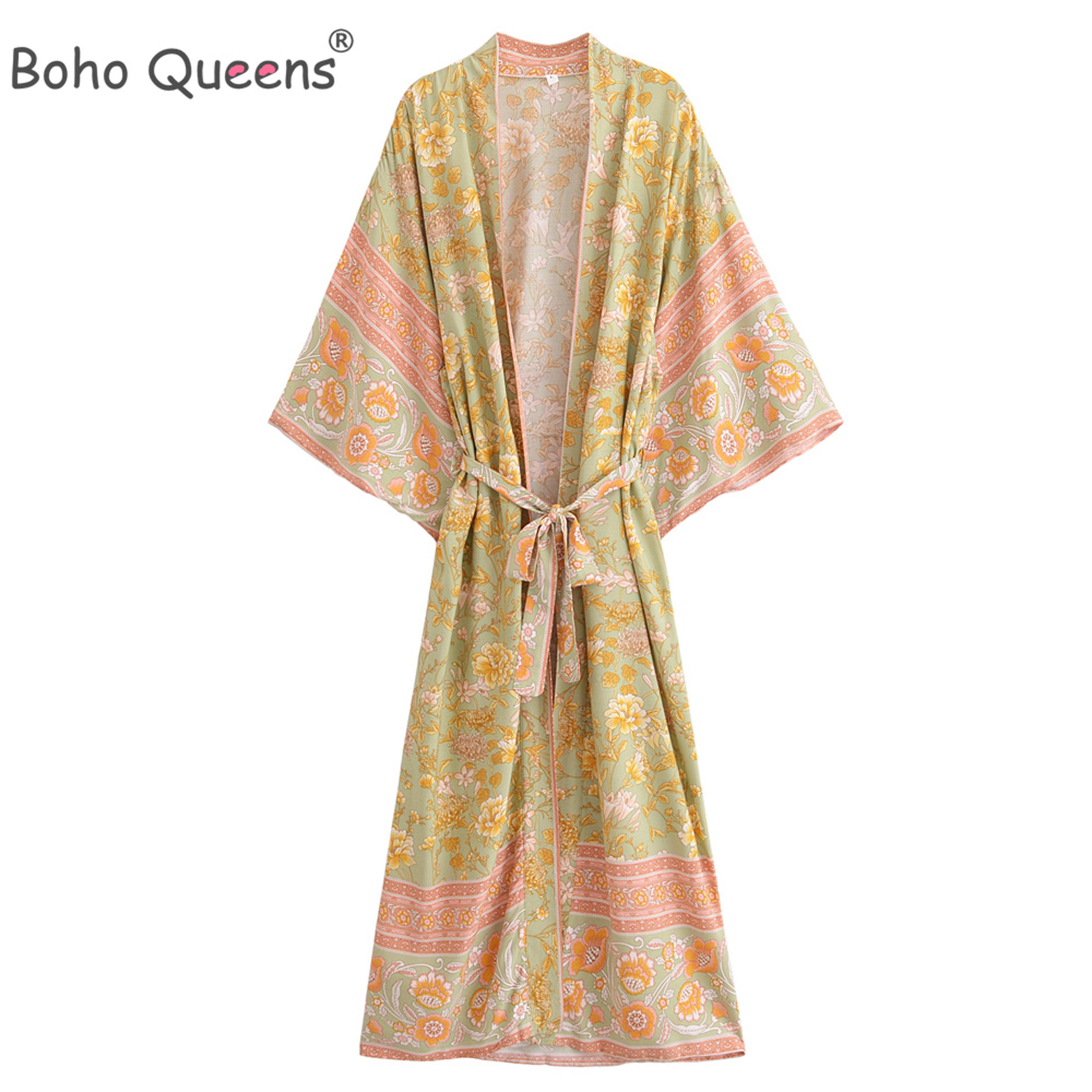 bohemian kimono floral print sashes rayon maxi robe cover up