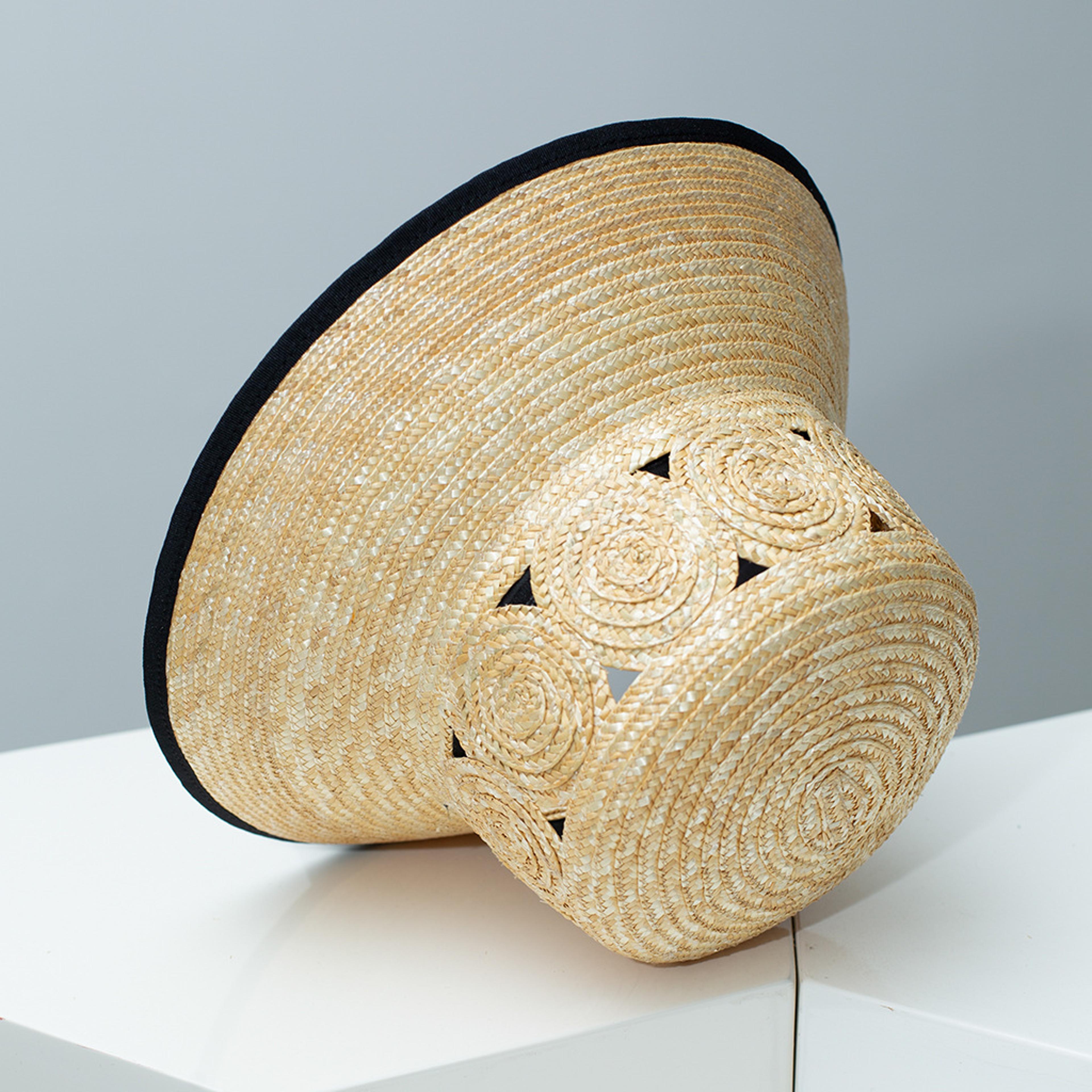 french elegant wide brim straw hat with flowing black ribbon