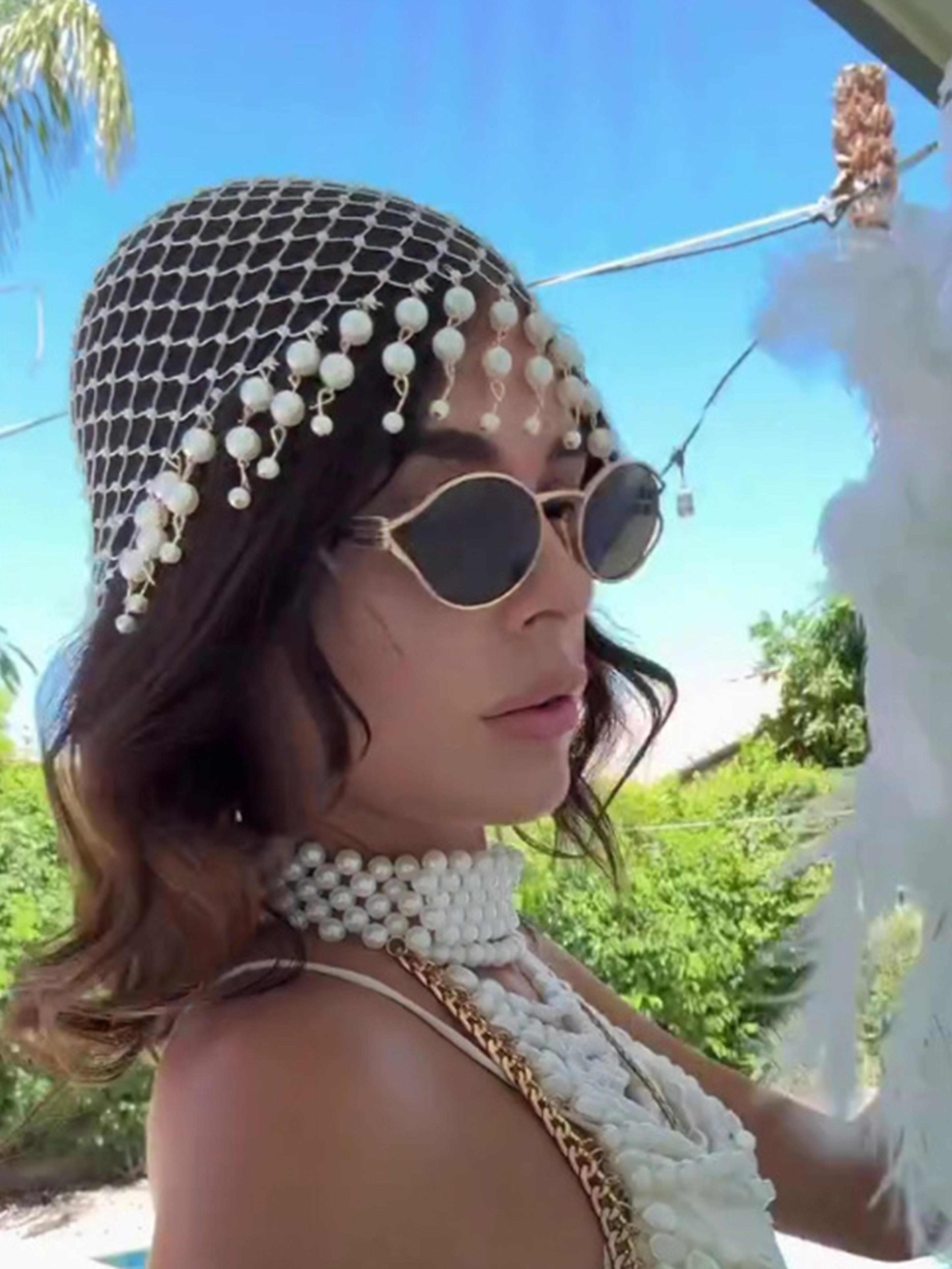 rhinestone rave hat pearl tassel fishnet festival cap