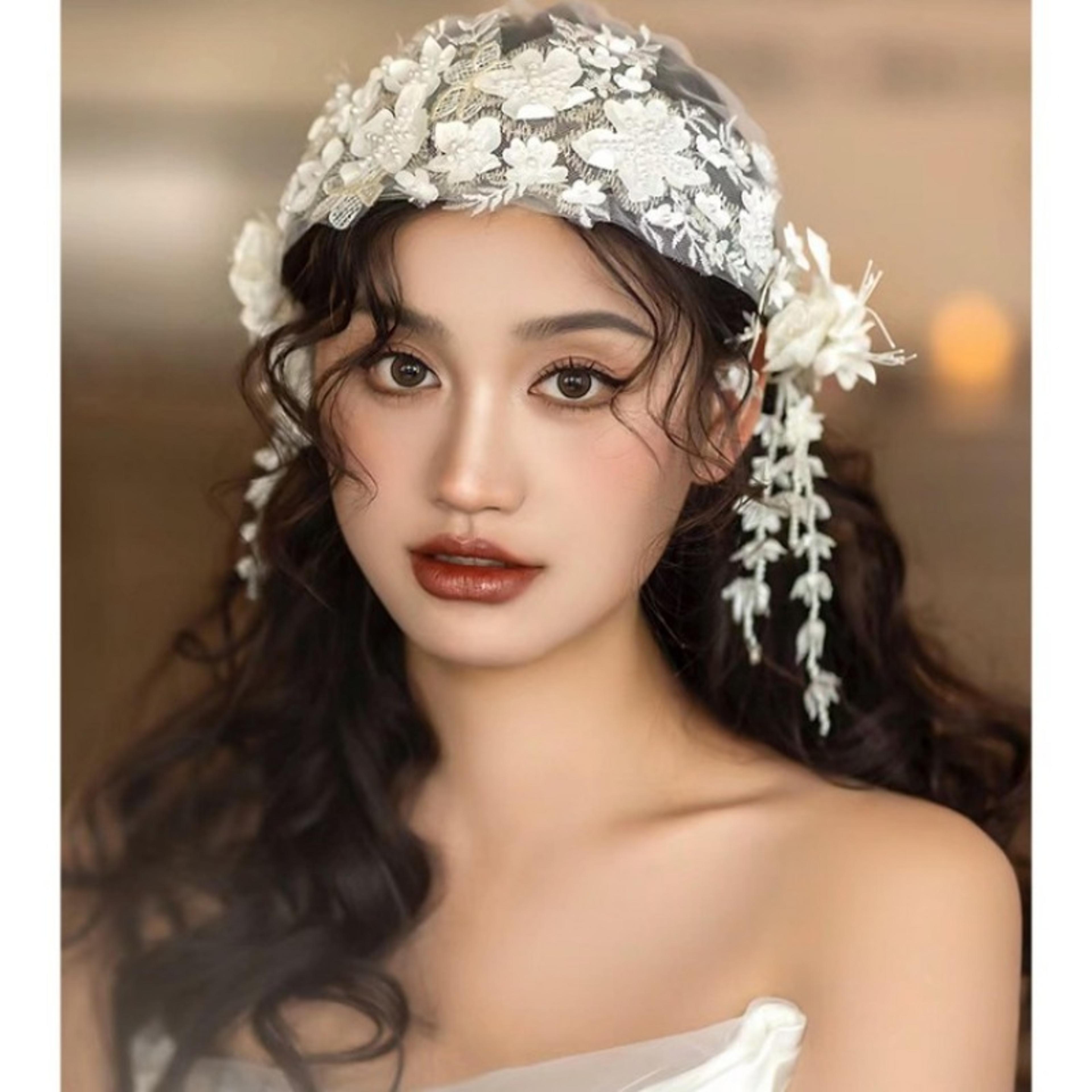 pearl lace bridal headgear with flower and fringe