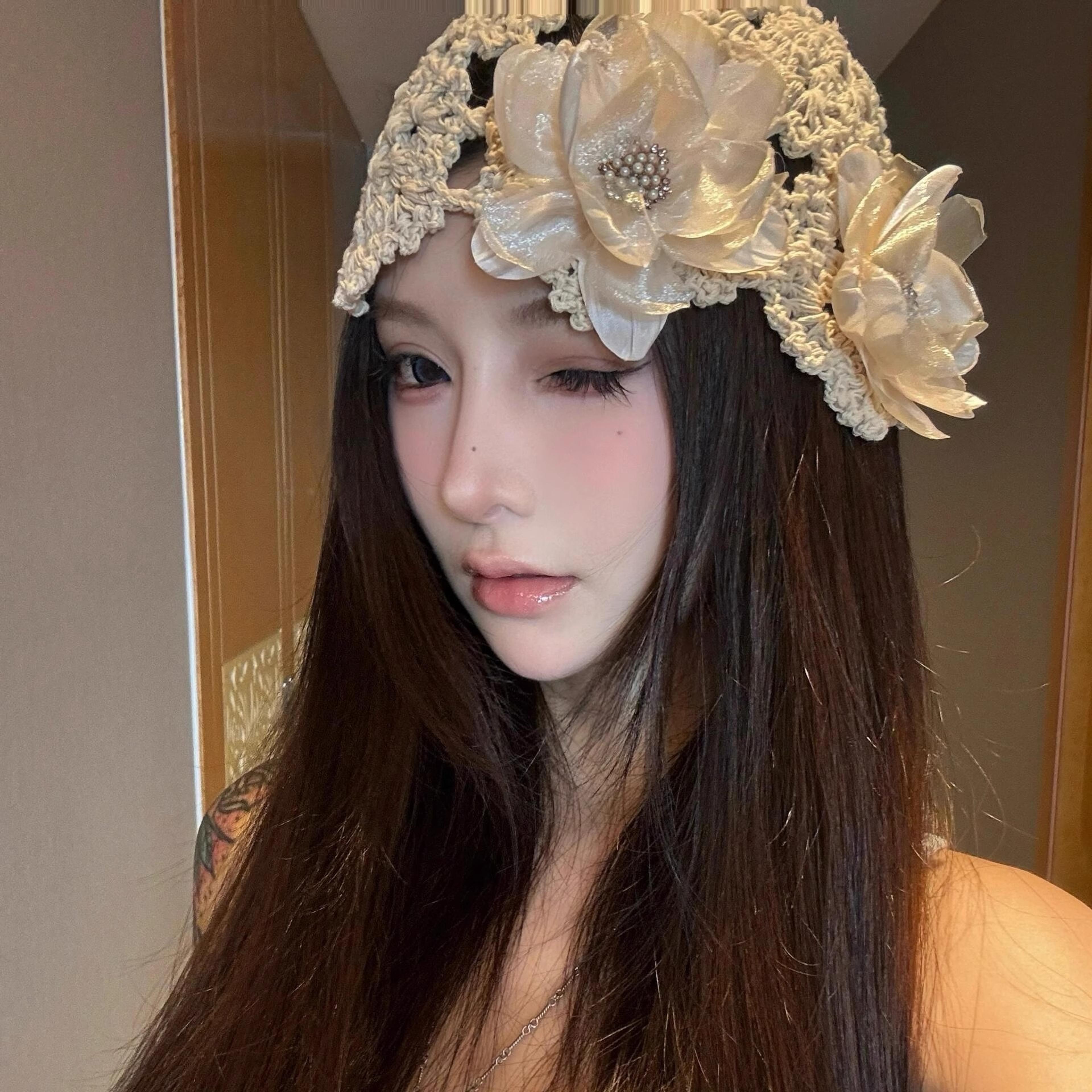 korean pearl flower knitted bucket hat