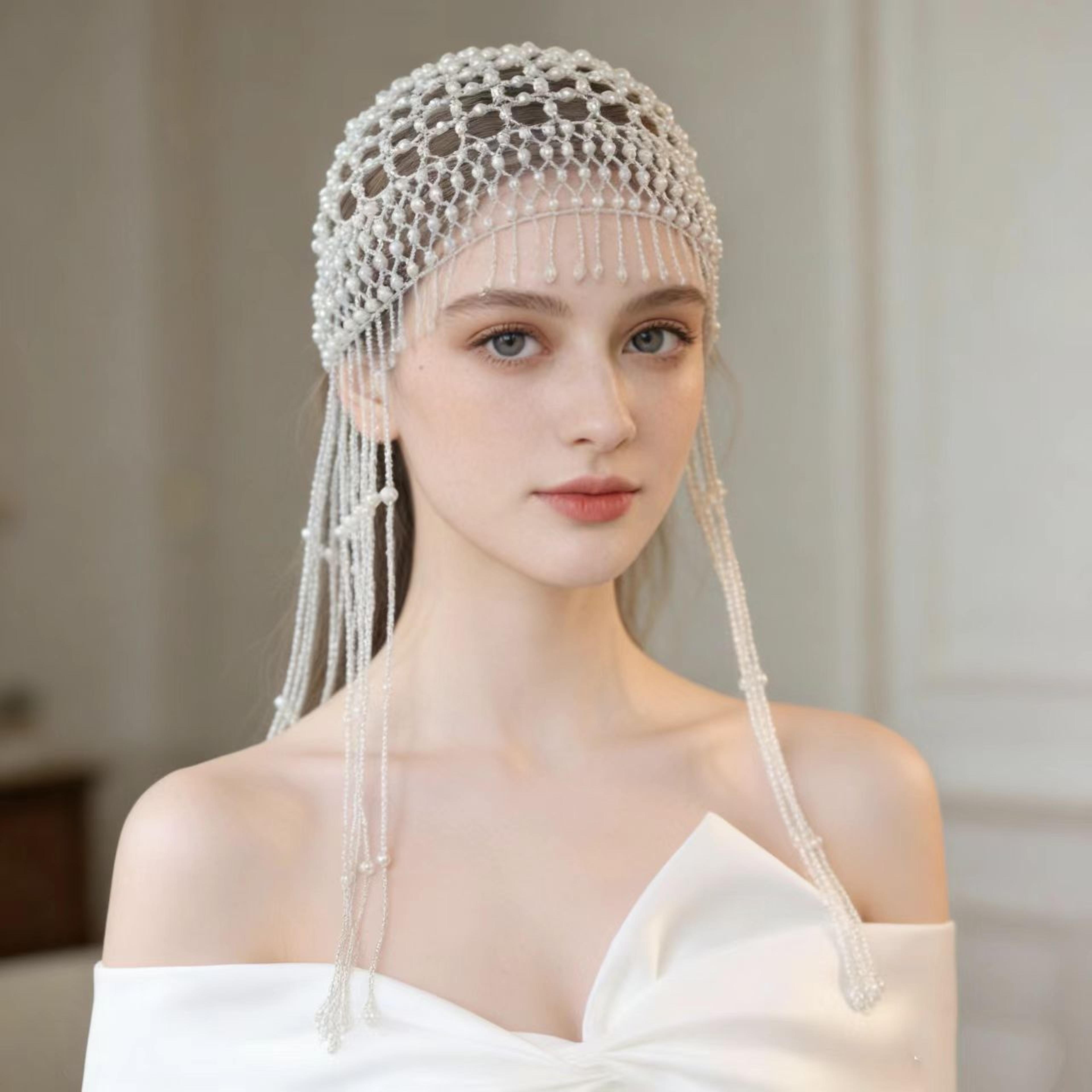 silver rhinestone tassel cap and pearl beaded hat for women