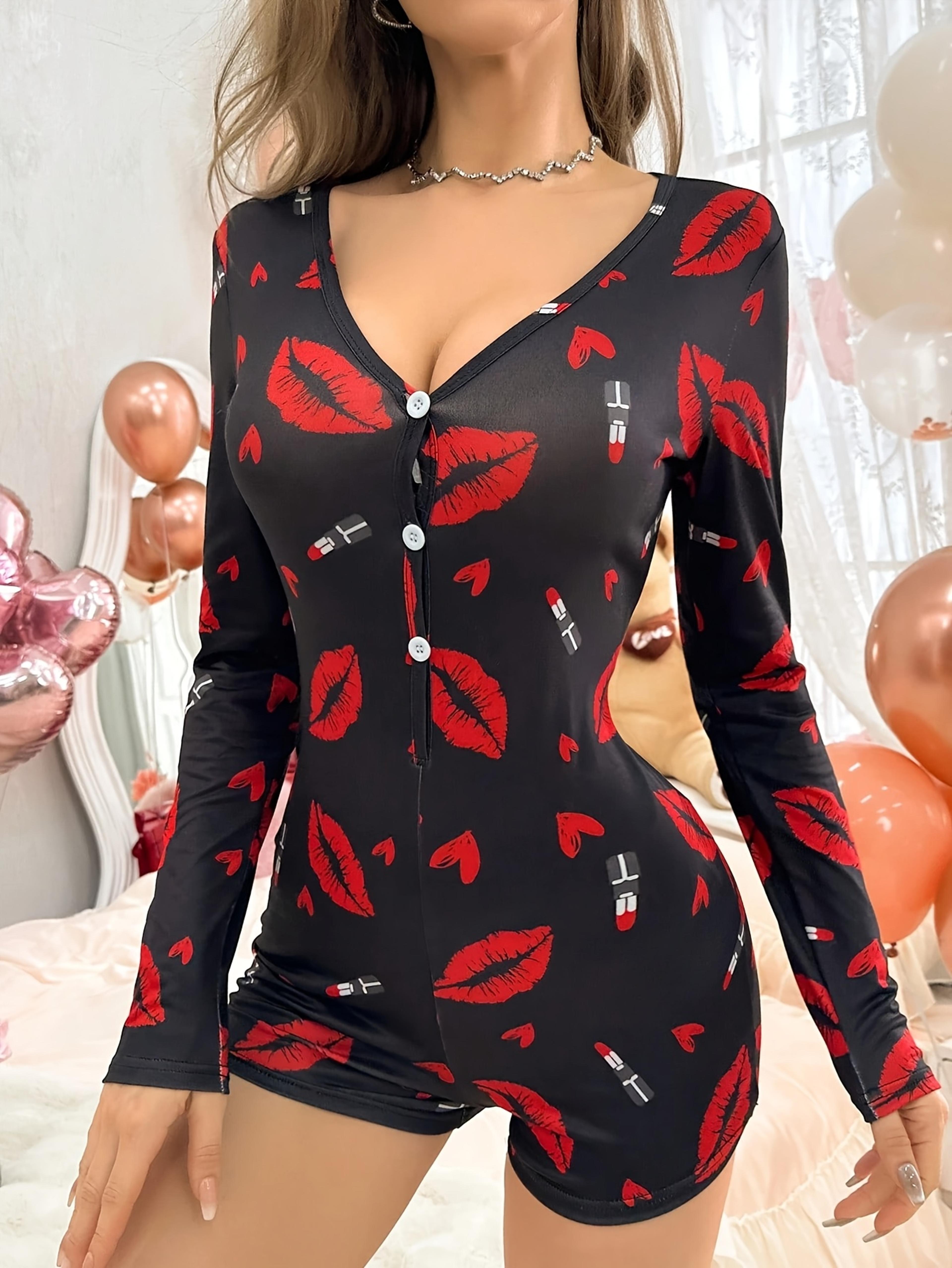 sexy red lips print button front long sleeve sleepwear jumpsuit