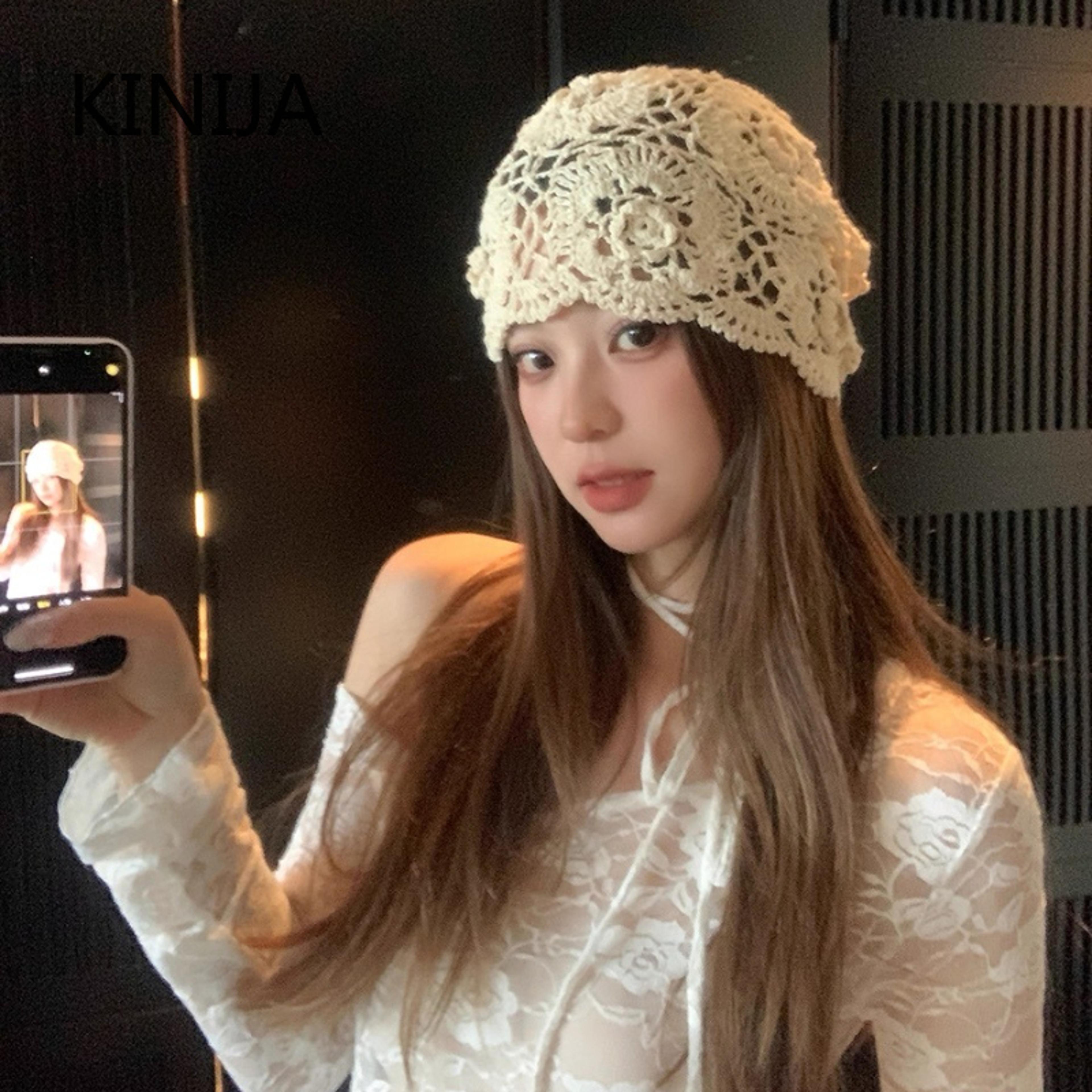 japanese handmade hollow out knitted flower top hat women spring summer artistic retro ethnic pullover cap