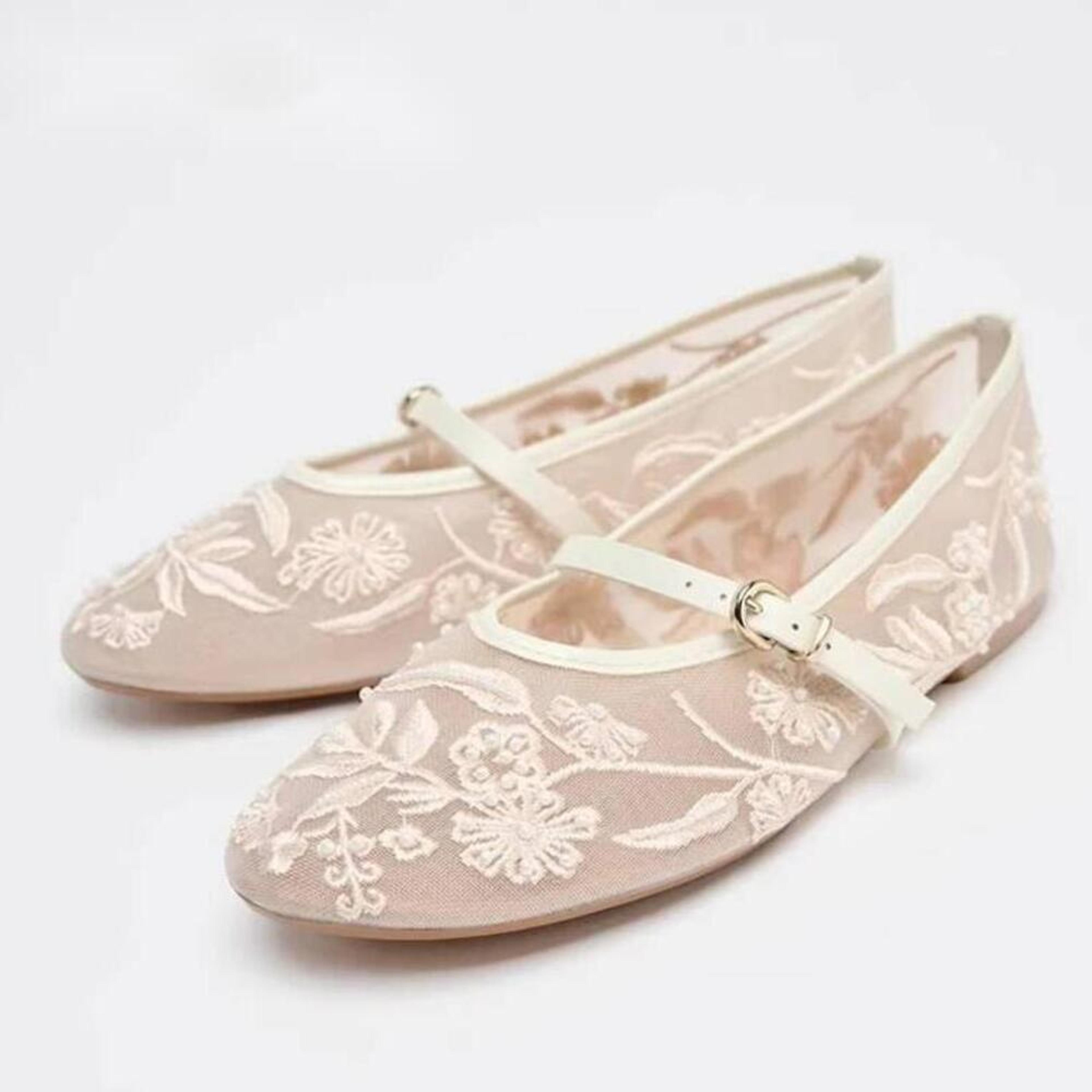 floral pearl mesh mary jane flats