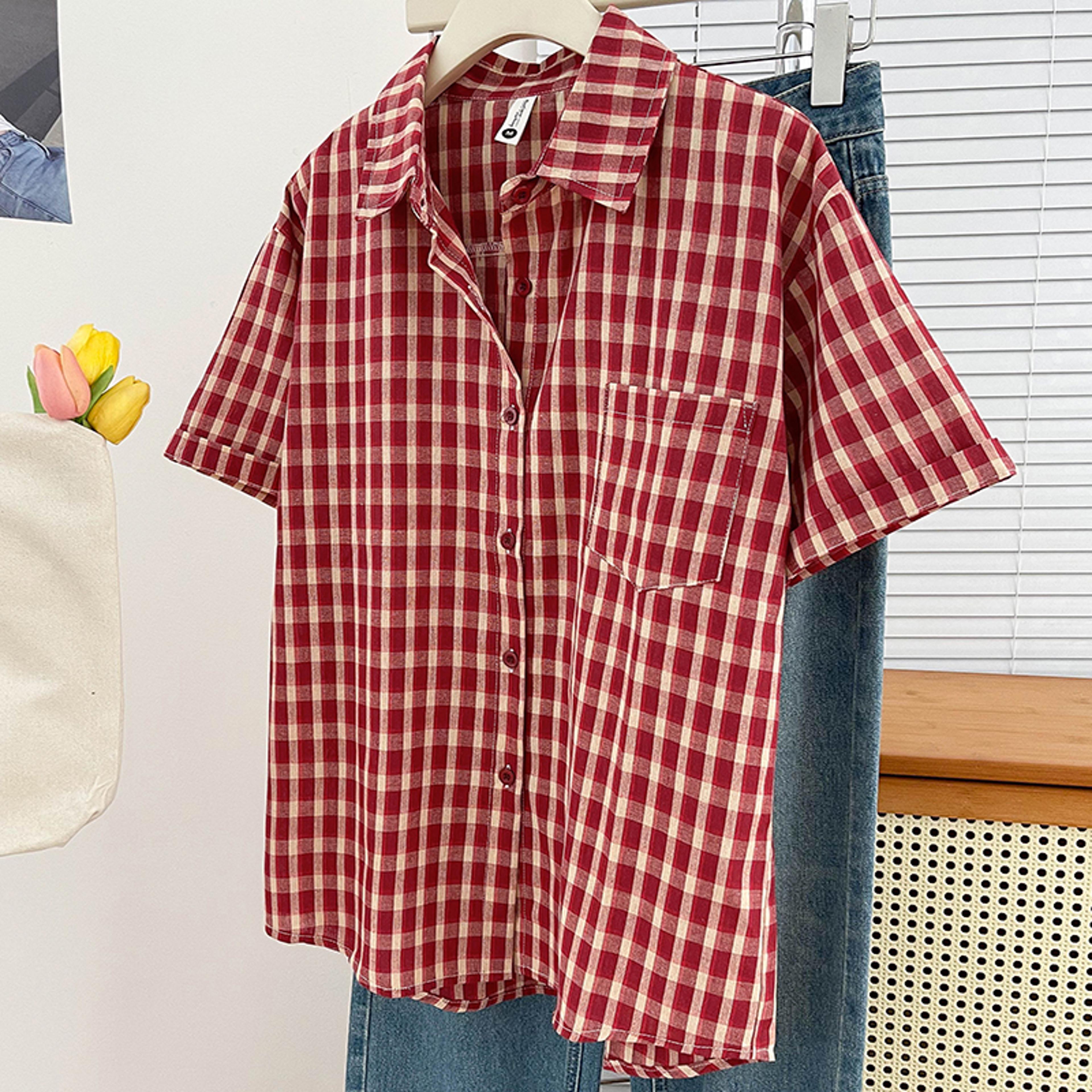 vintage plaid short sleeve shirt for women
