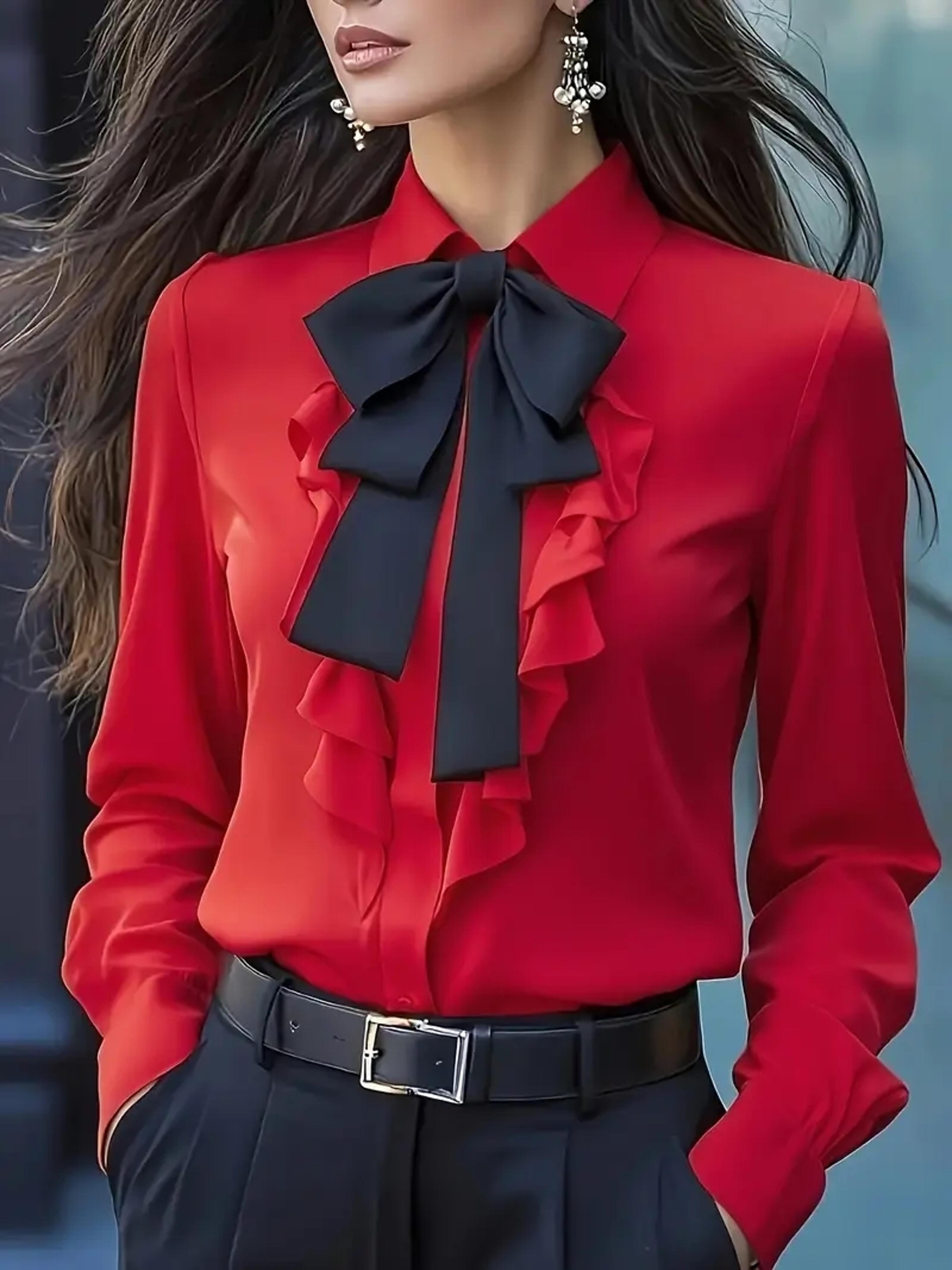 womens bow tie blouse with ruffle trim and long sleeve