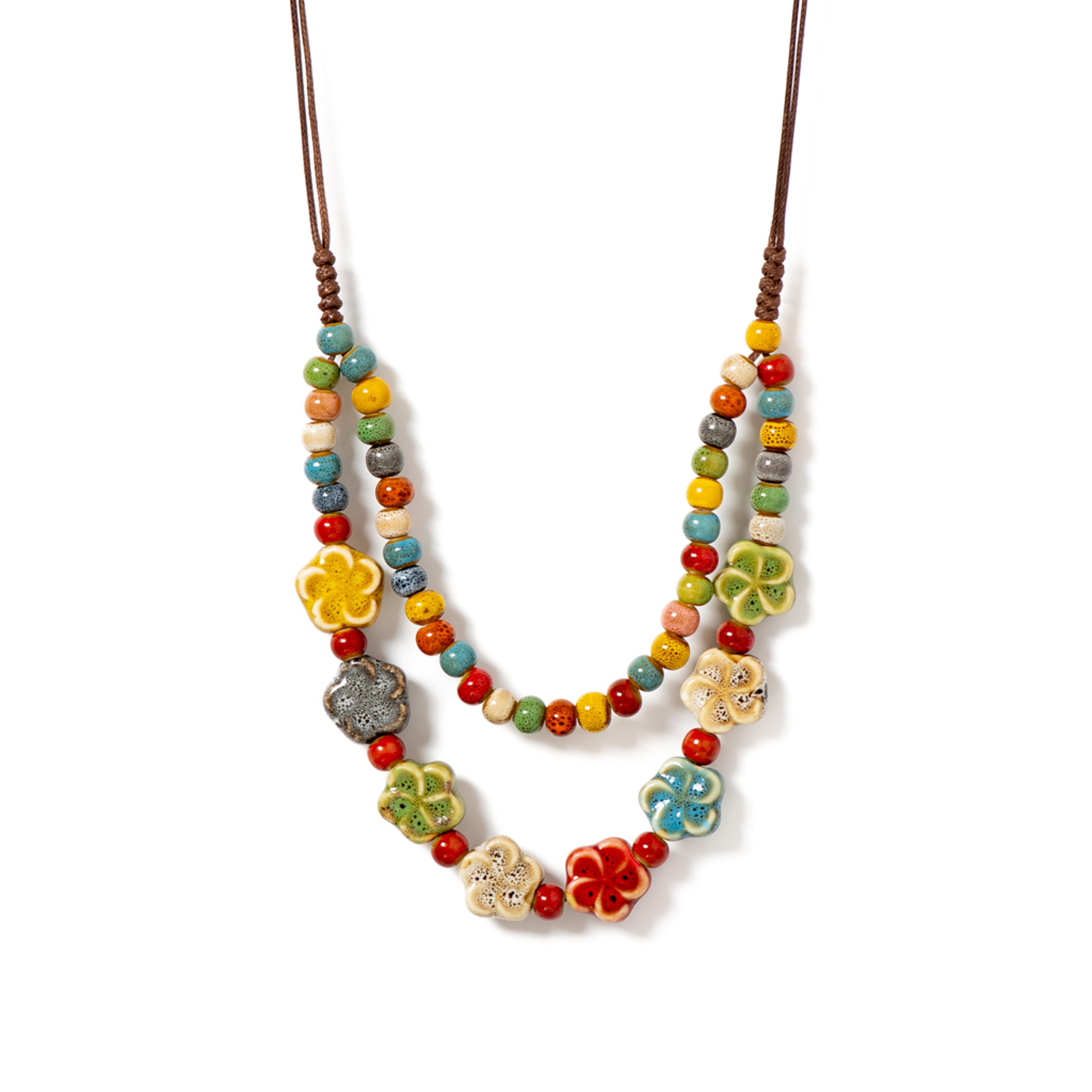 handmade ceramic flower long necklace for women vintage ethnic jewelry