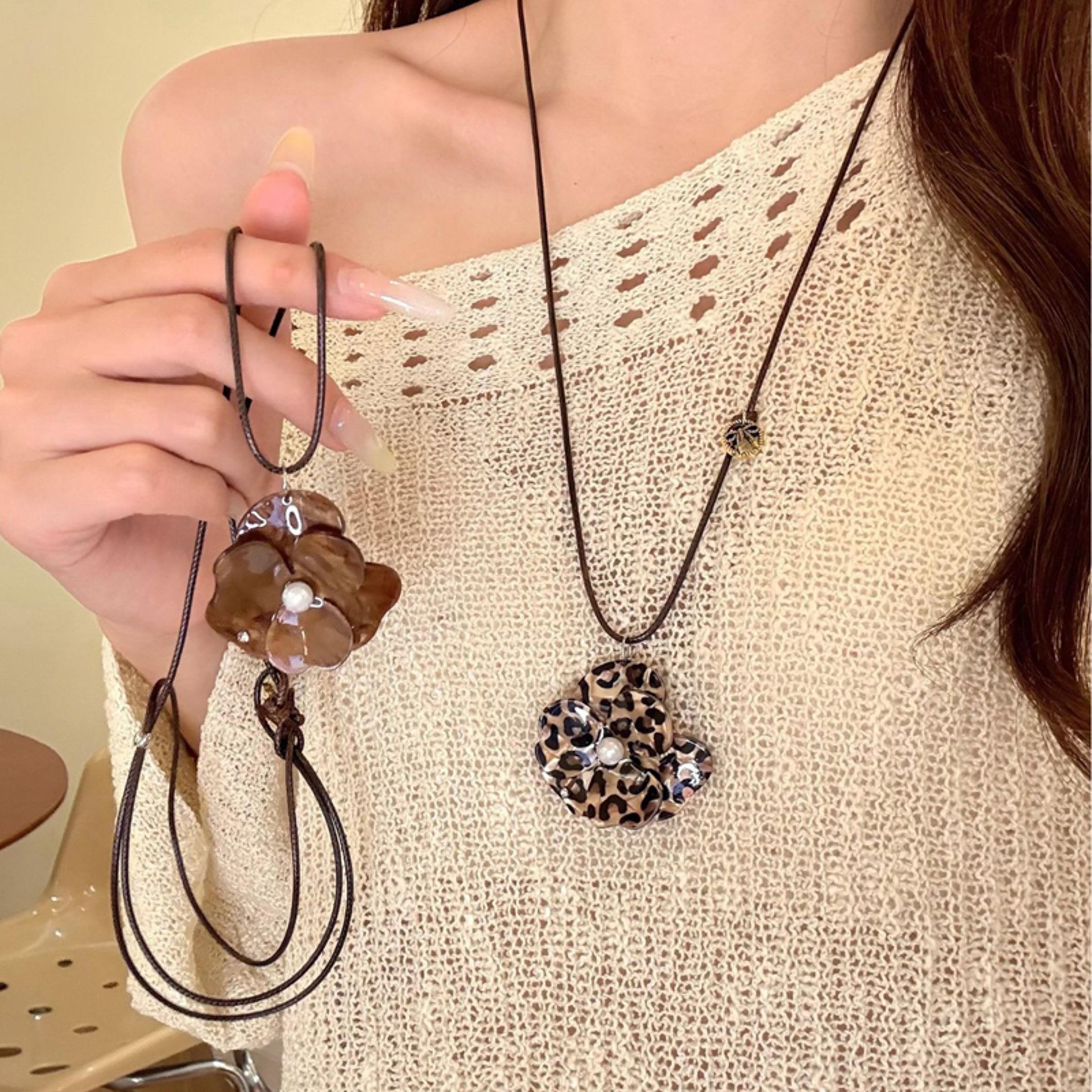 leopard print floral pearl layered pendant necklace
