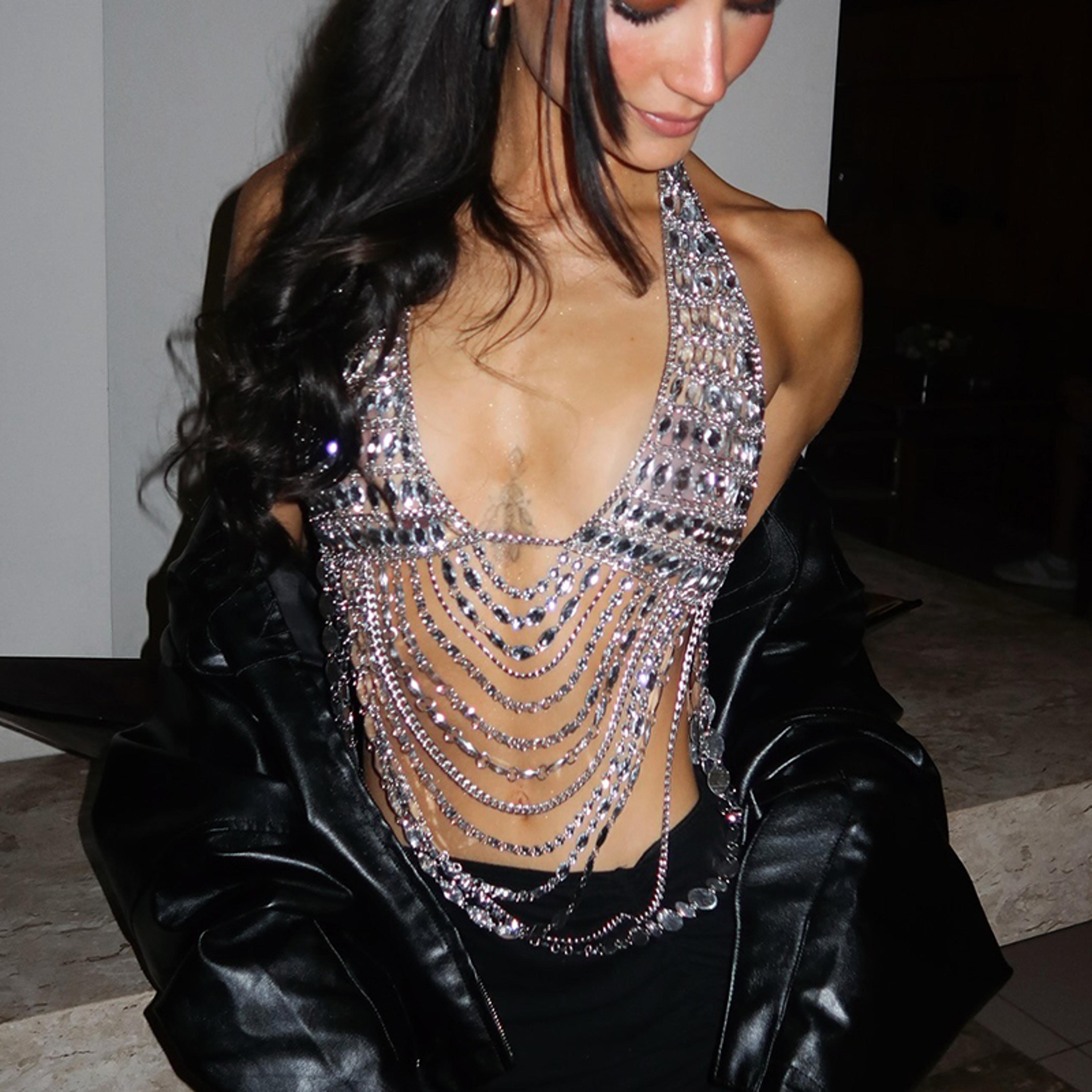 silver crystal fringe halter bra top and rhinestone body chain