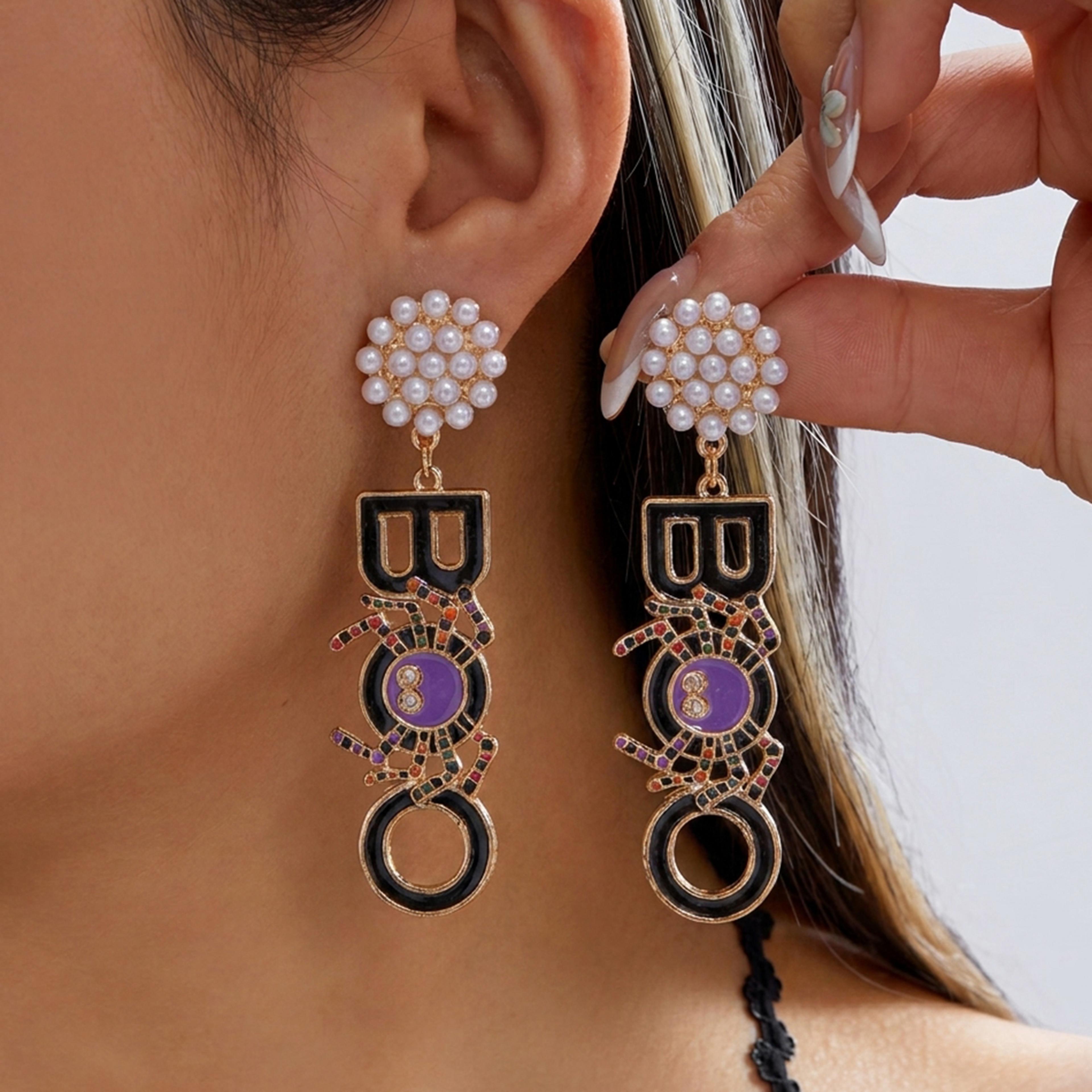 sparkling boo letter spider dangle earrings