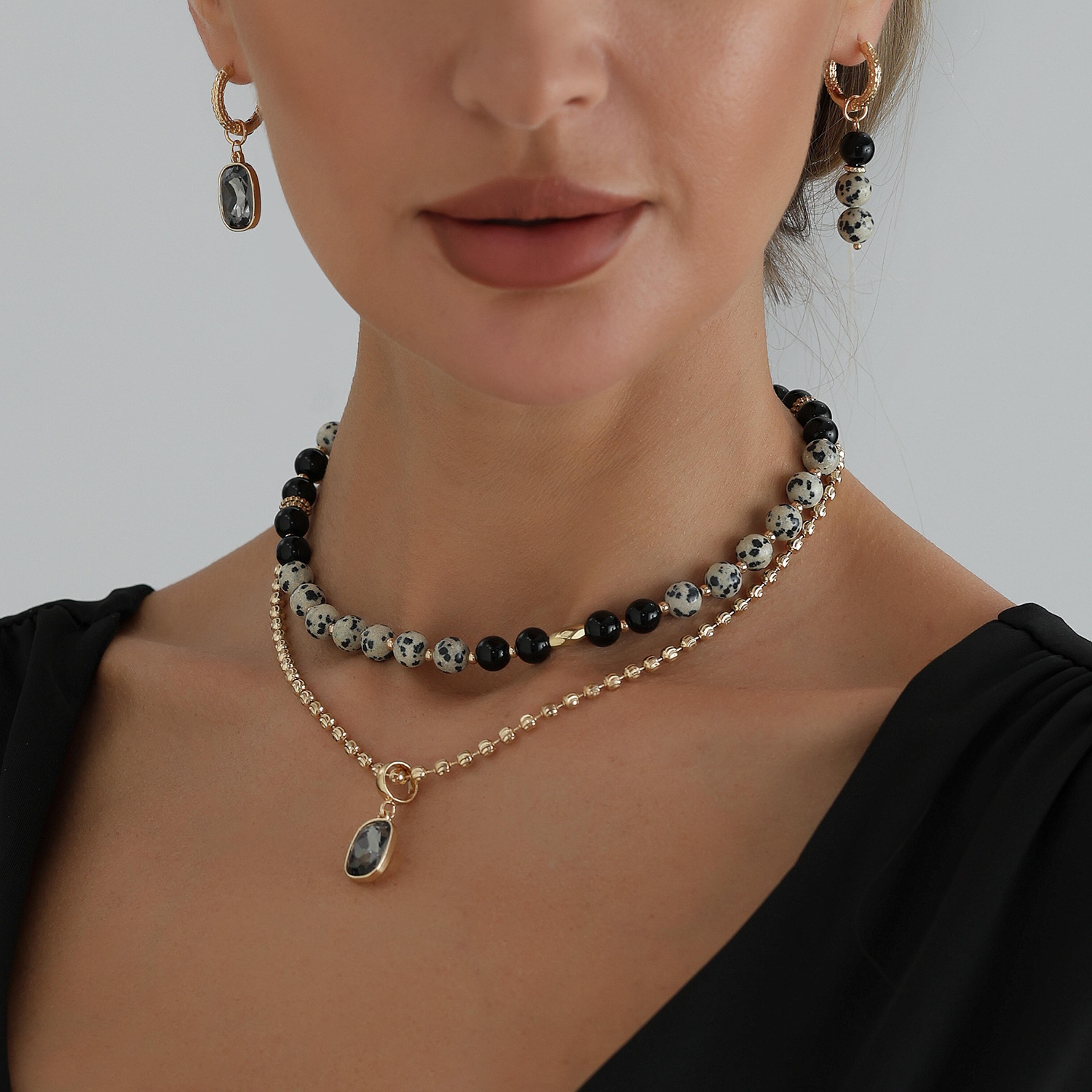 vintage black bead double layer necklace