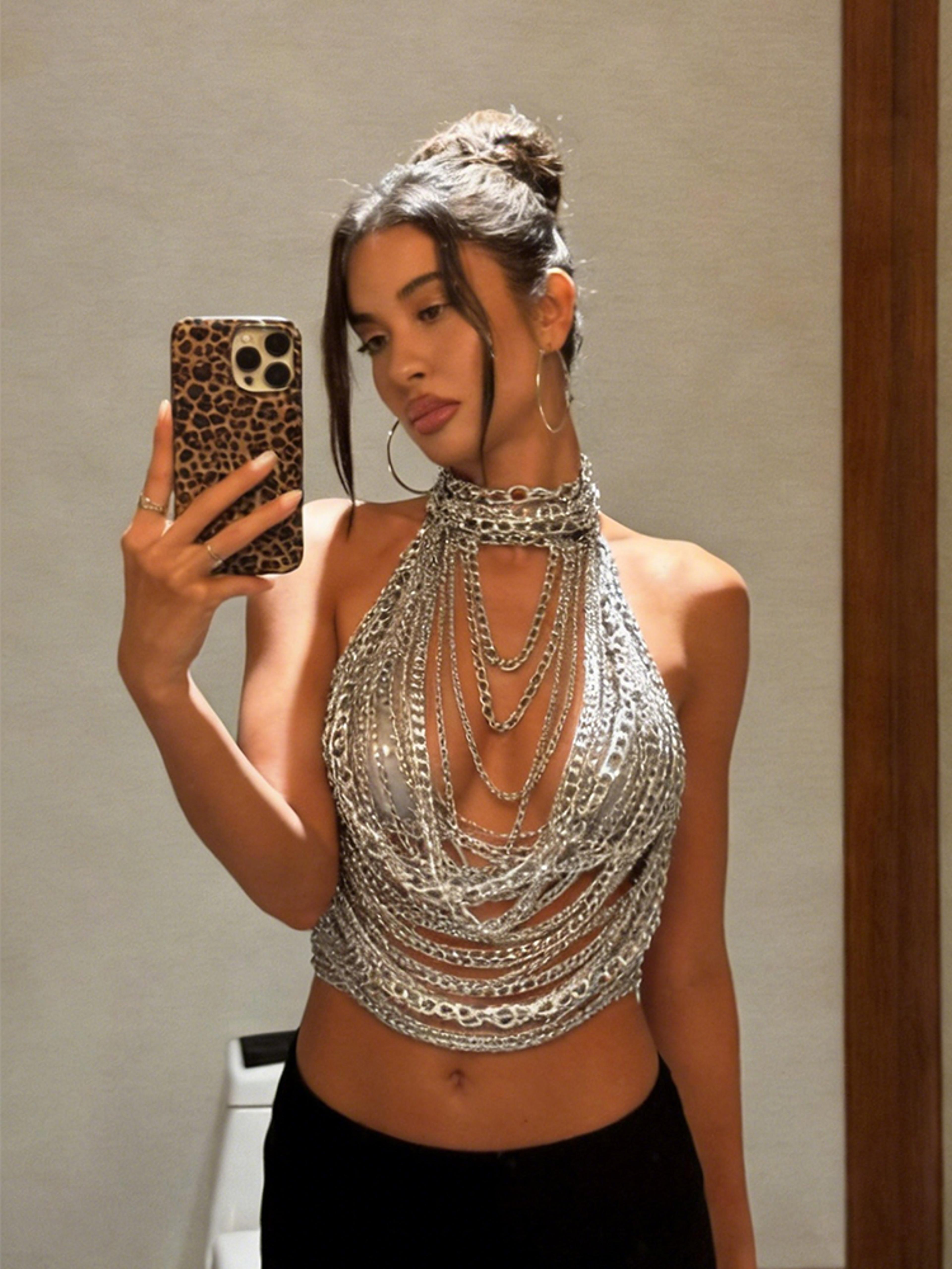 silver chain halter top festival body chain rave party clubwear