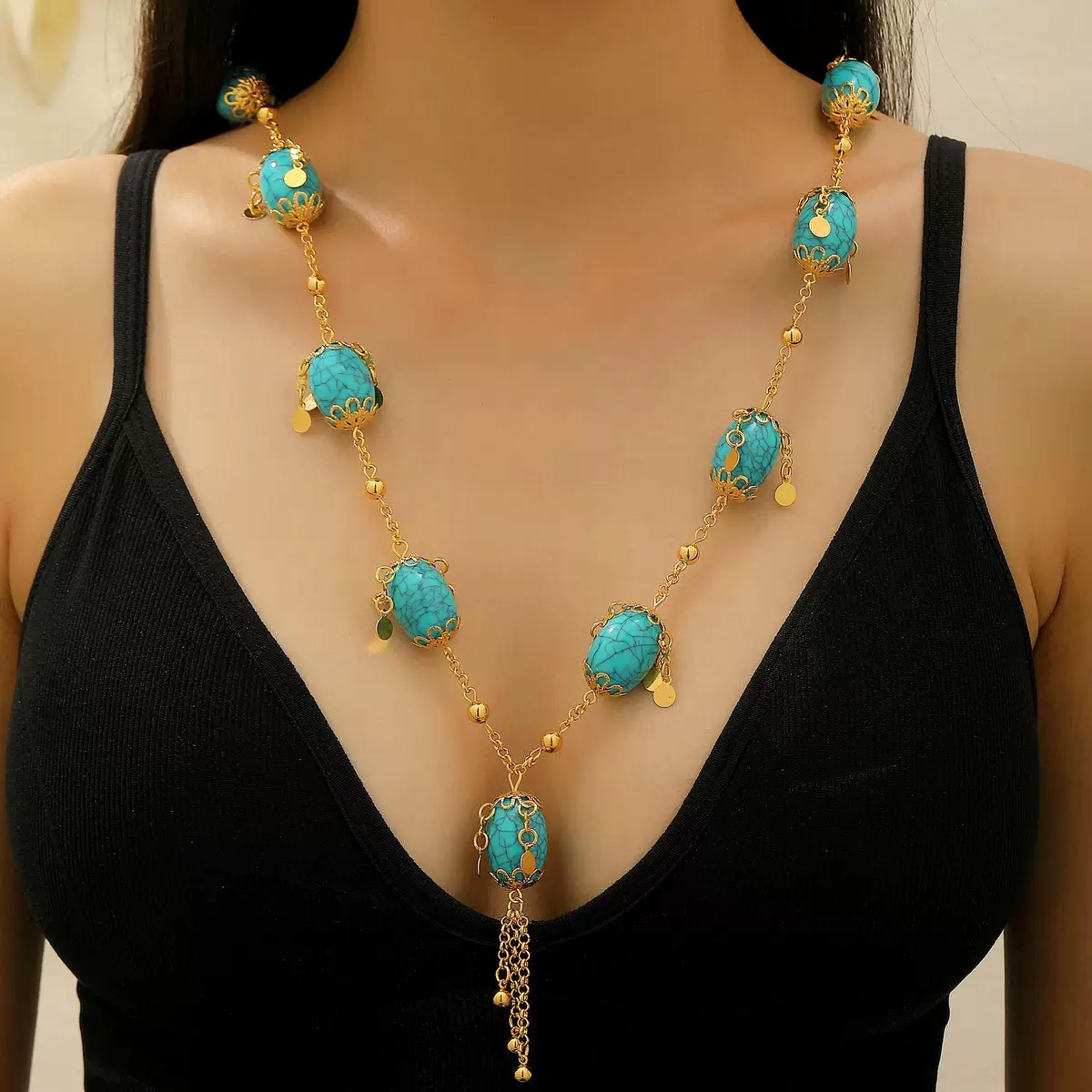 vintage blue round pendant sweater chain