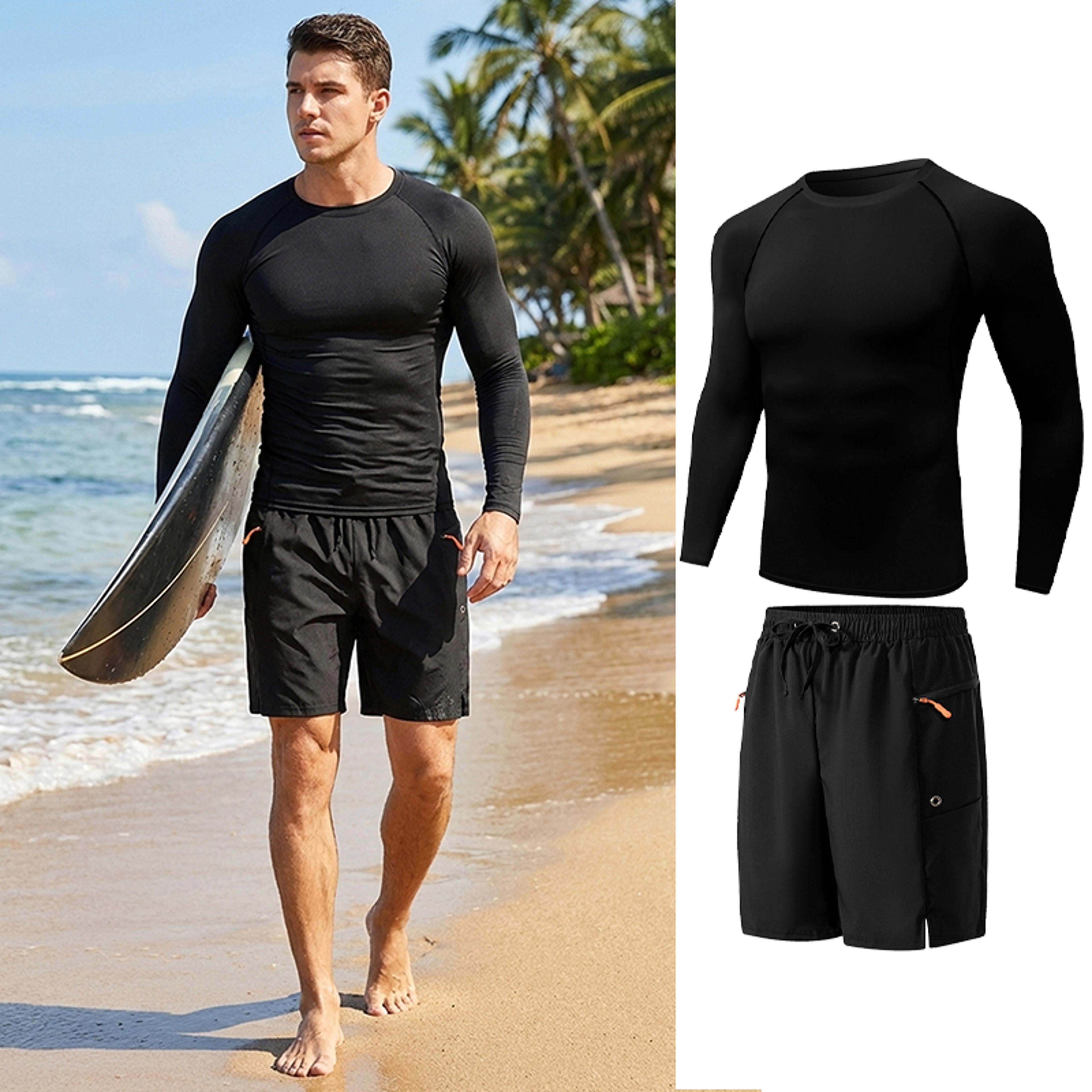 mens quick dry long sleeve rash guard set with zipper pockets