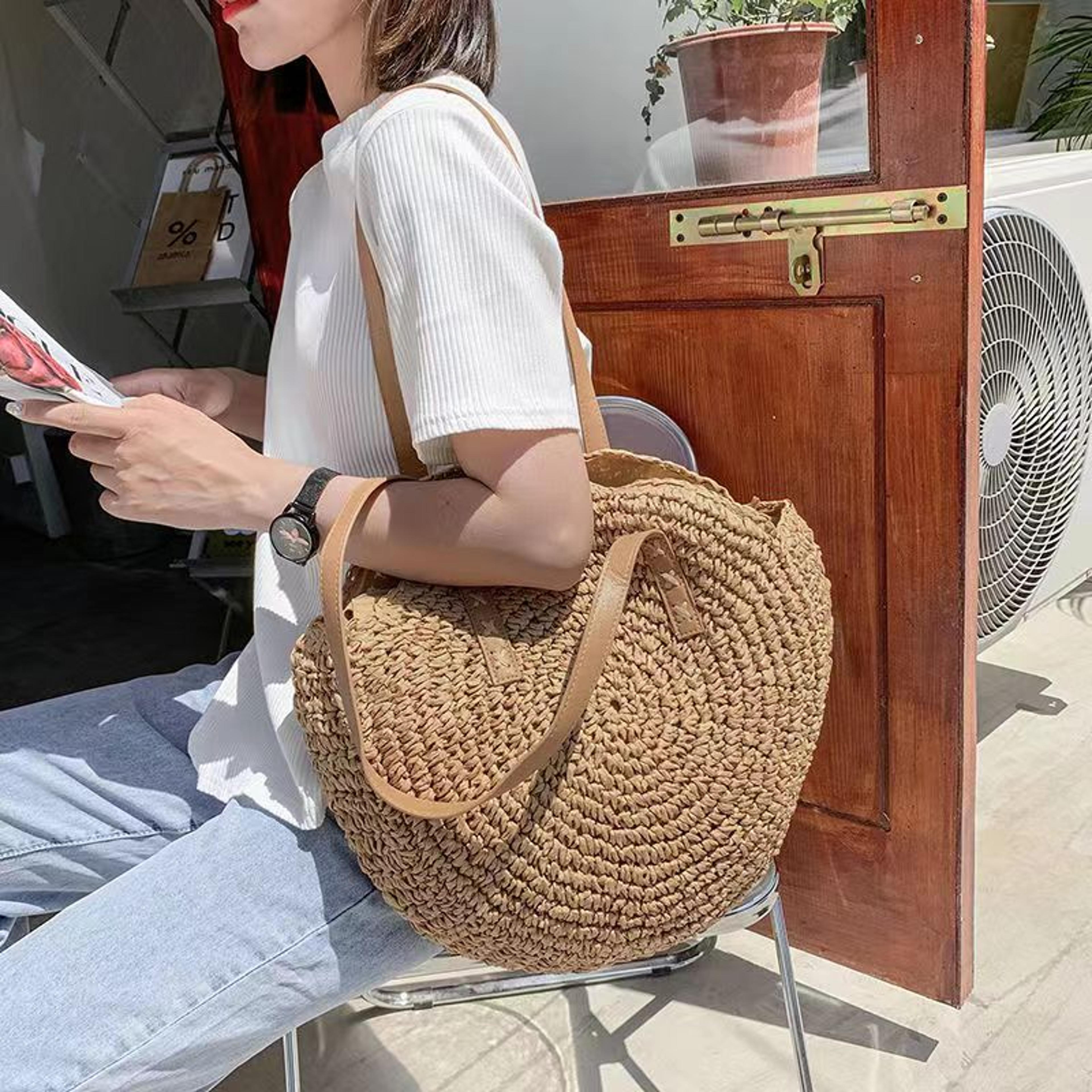 handmade round straw beach bag & bohemian raffia circle rattan shoulder bag