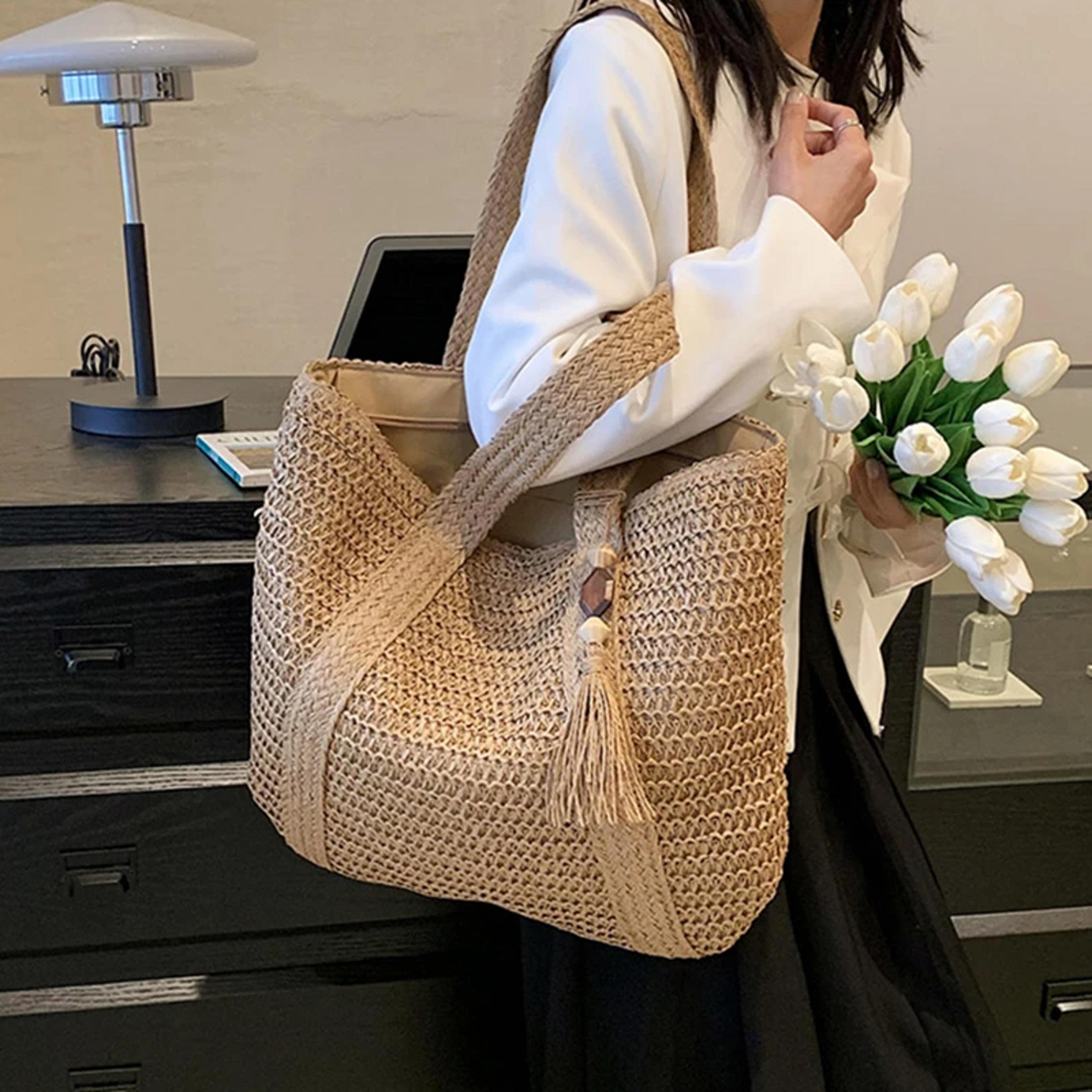 bohemian straw weave tote bag & summer beach handbag