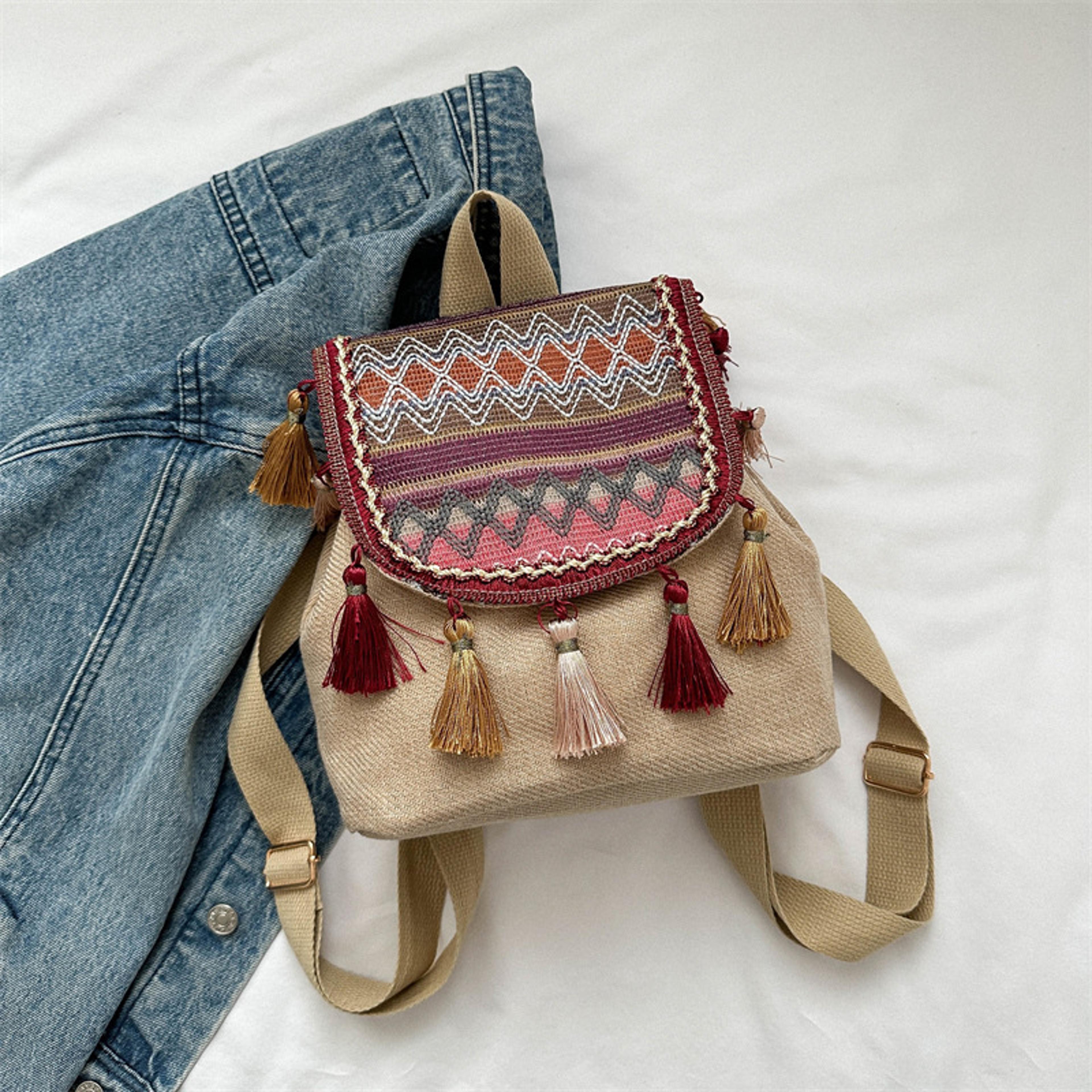 woven straw backpack boho beach travel bag with tassels
