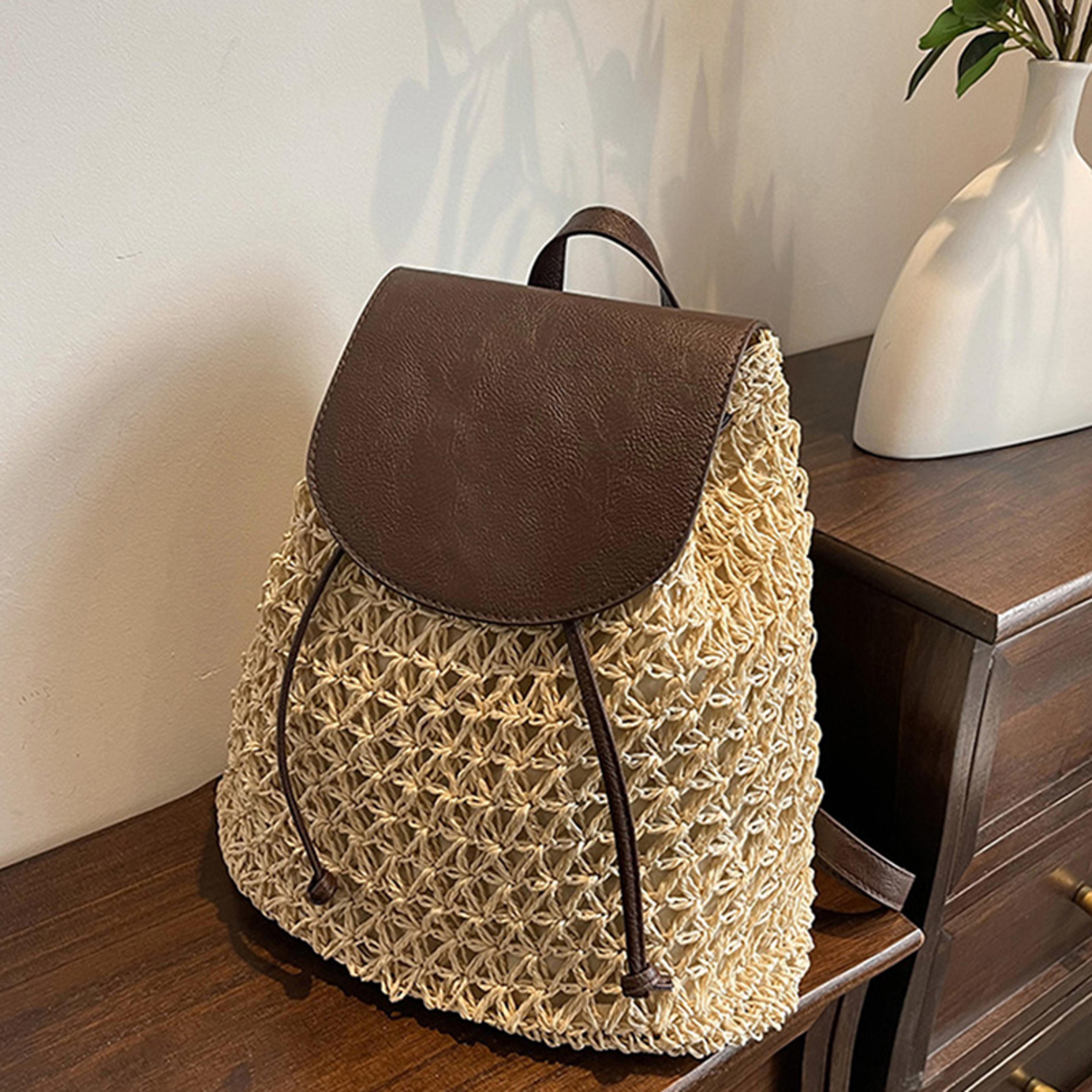 boho crochet straw backpack