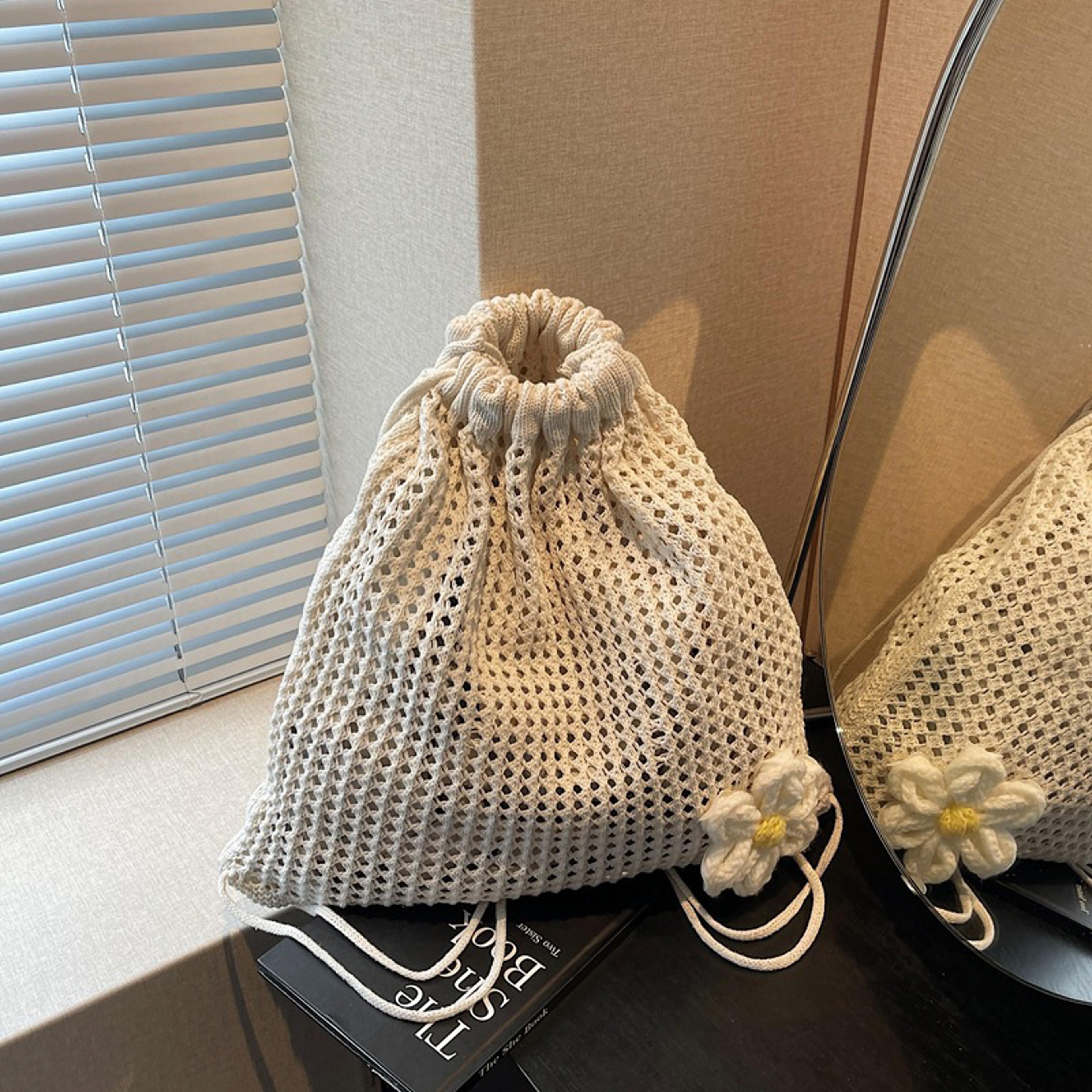 boho hollow woven flower crochet tote bag and knit handbag for summer beach