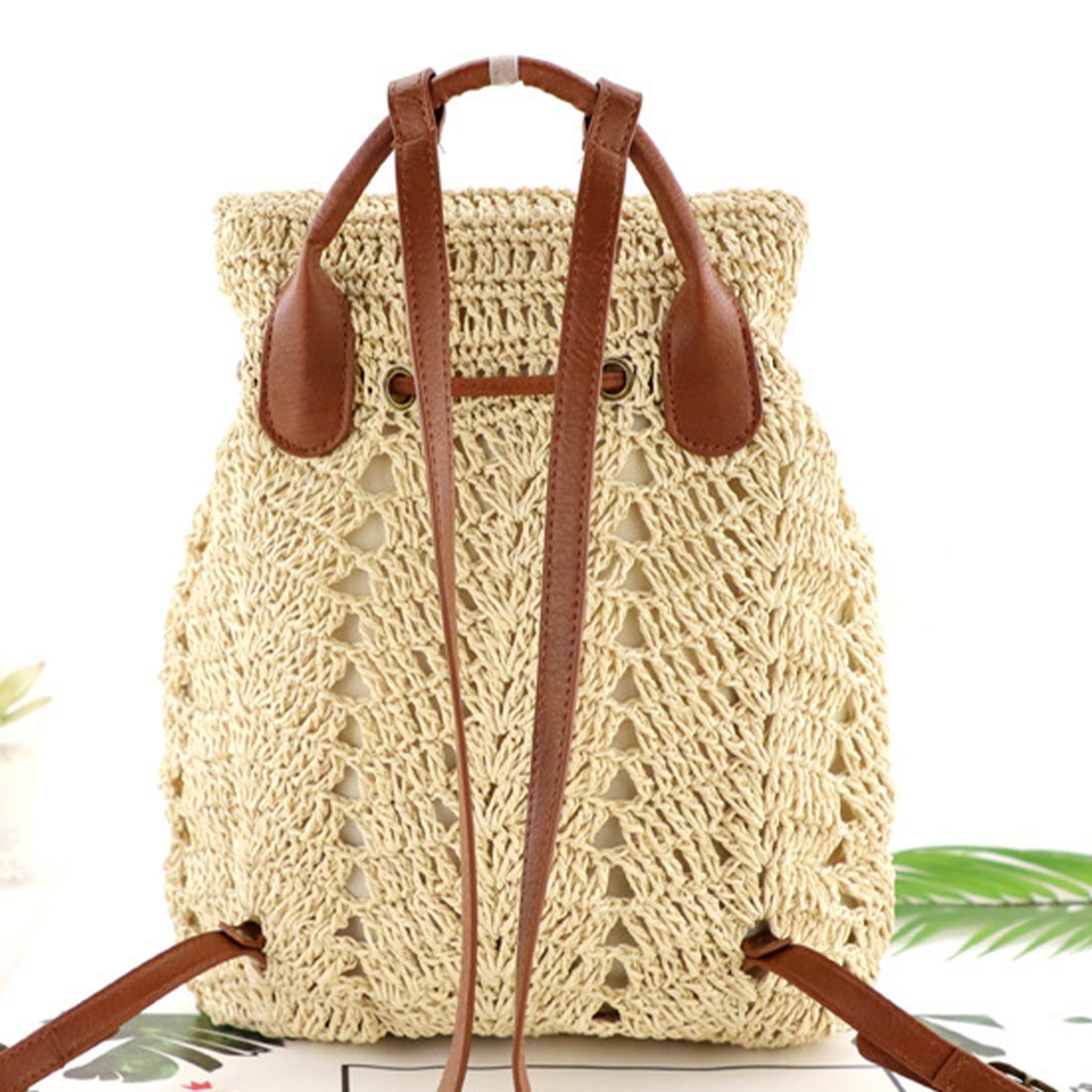 boho crochet straw beach backpack
