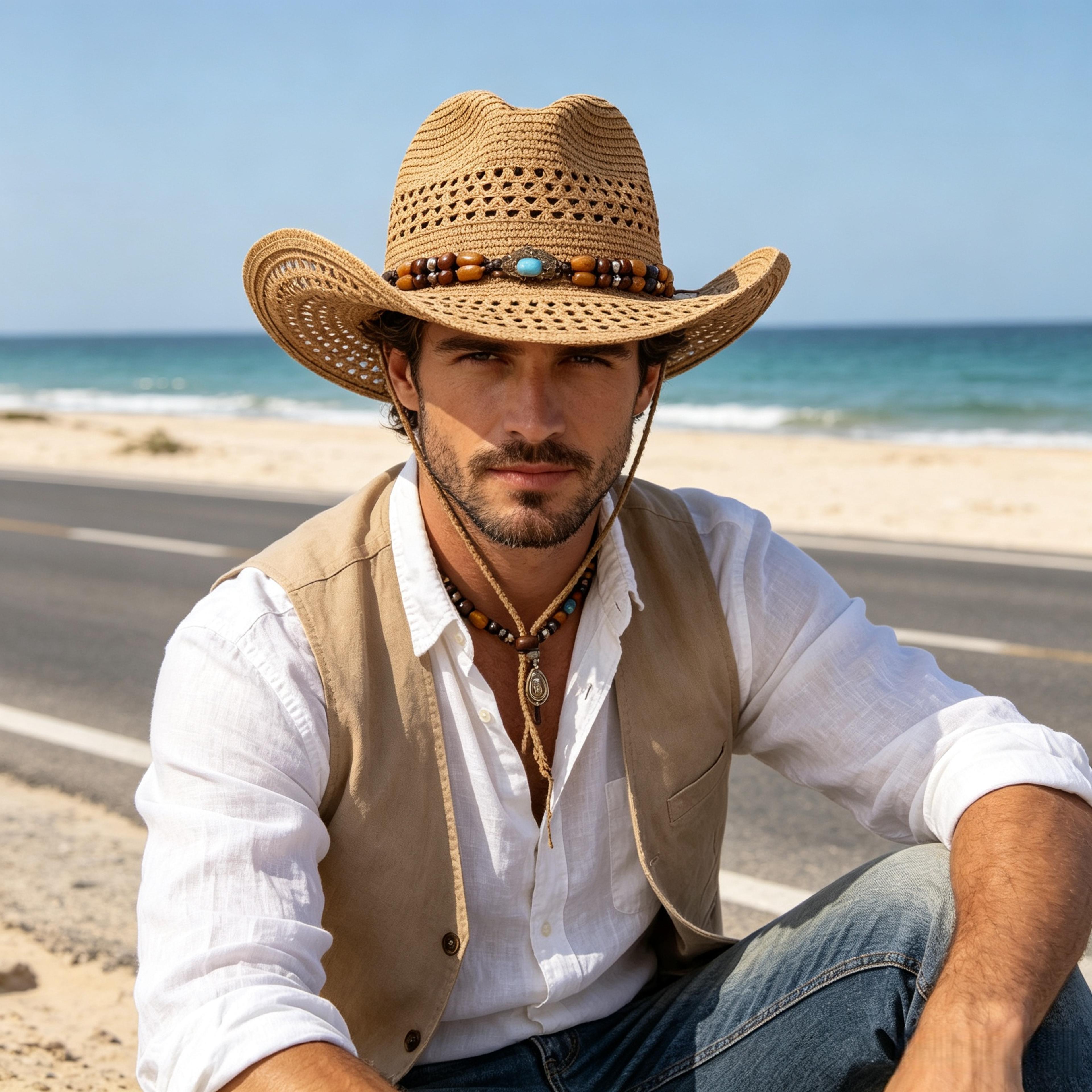 bohemian denim straw hat with wooden beads