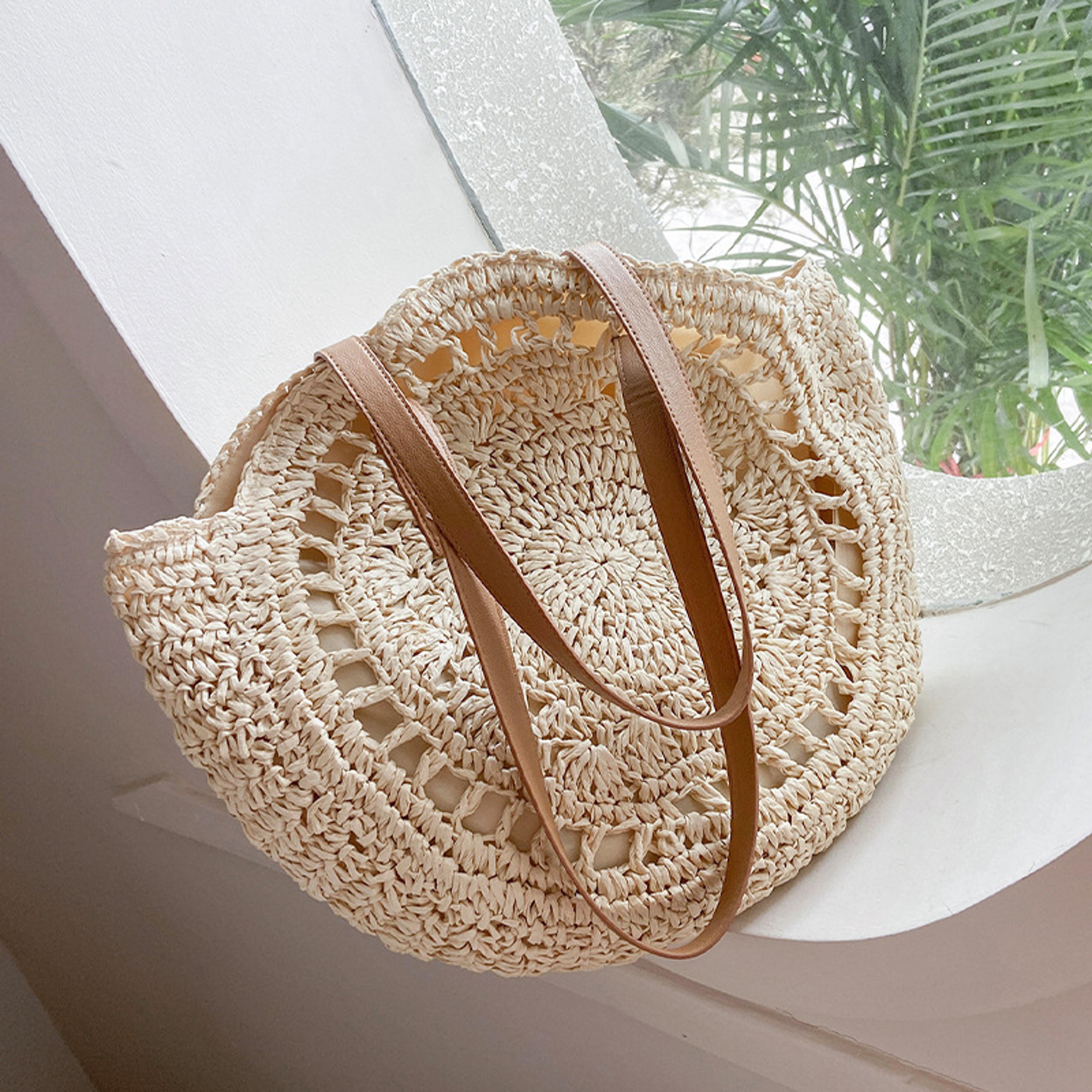 handmade woven straw beach bag and rattan shoulder bag for women