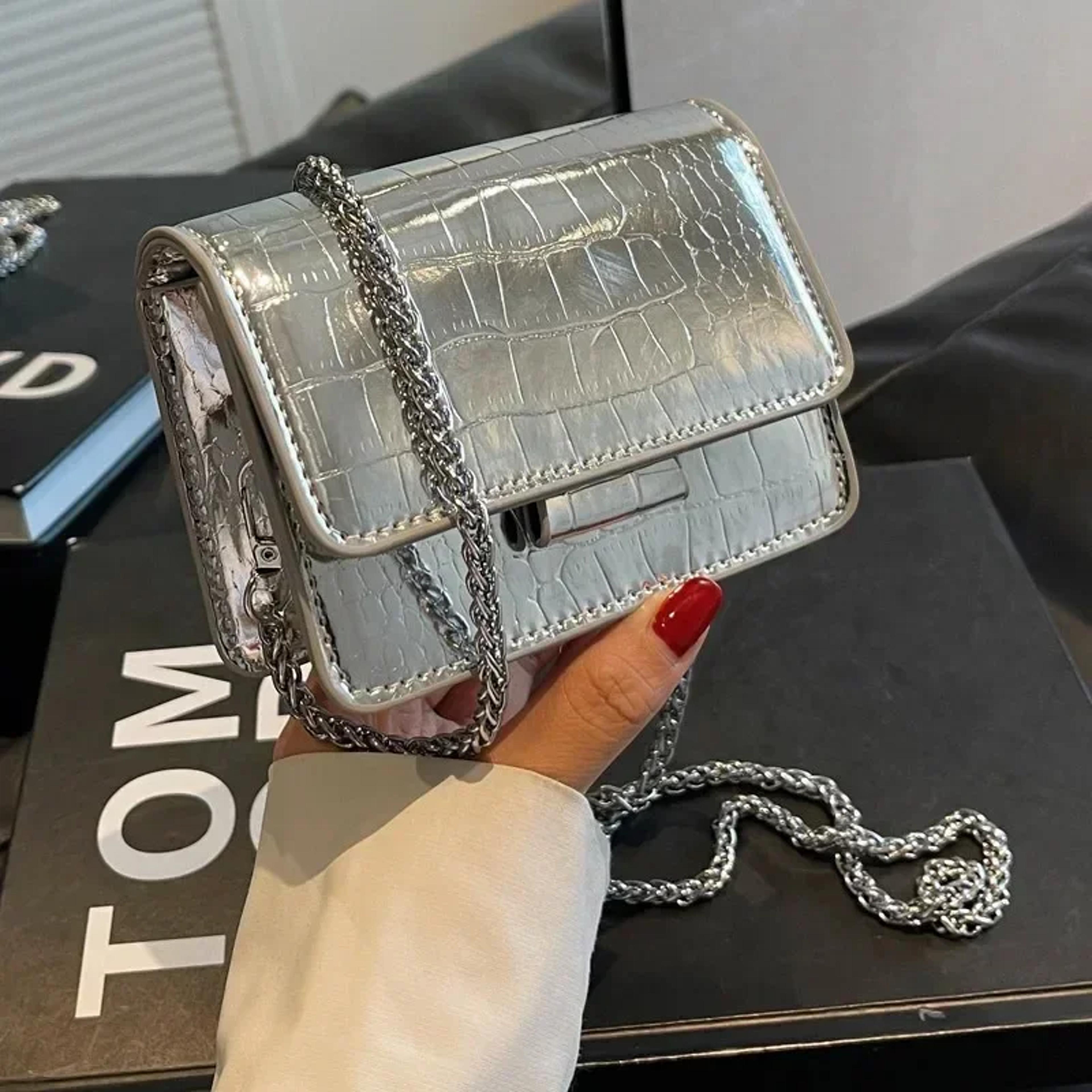 trendy mini square sling bag with versatile chain messenger strap