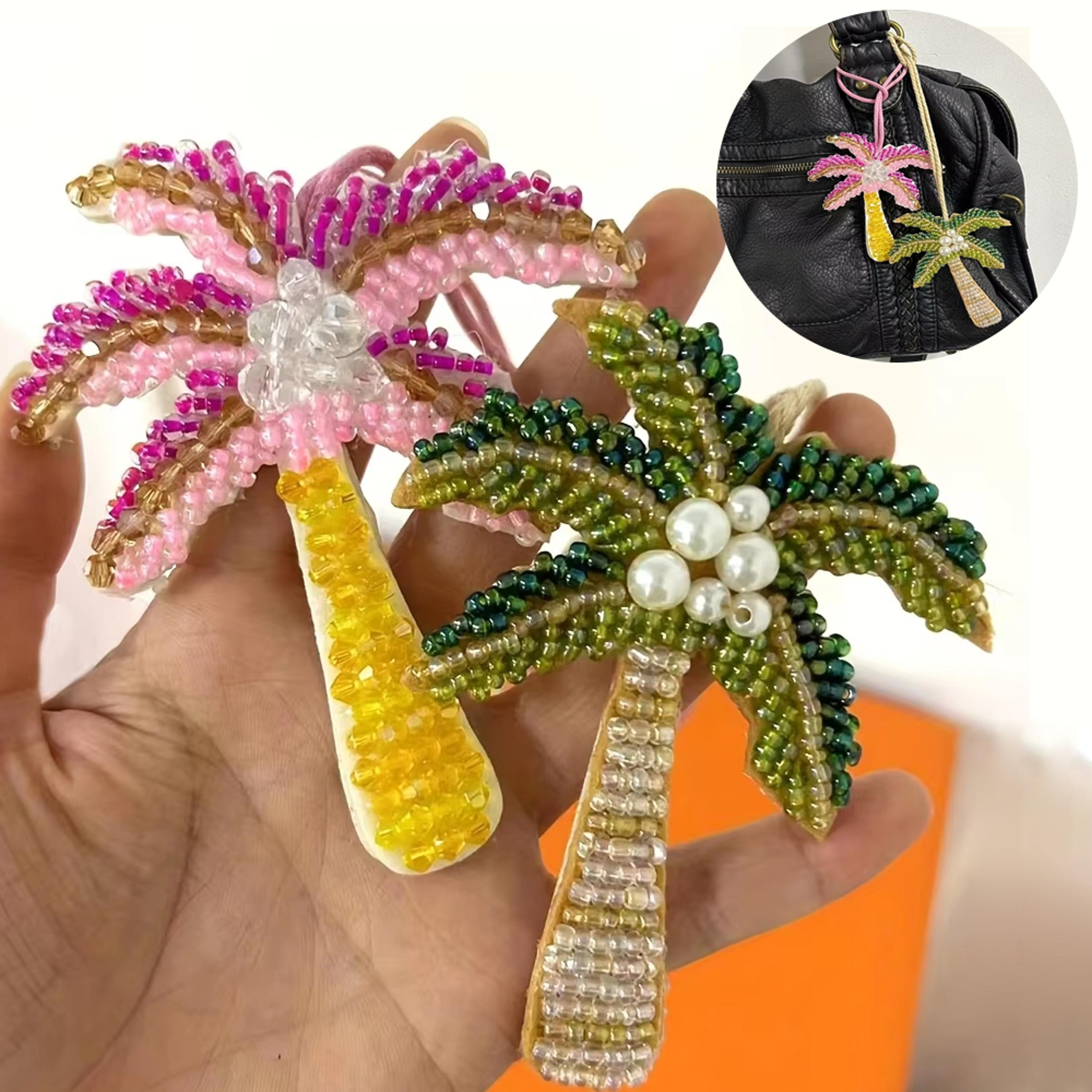 handmade beaded palm tree keychain tropical green and pink bag charm